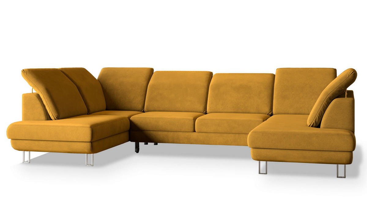 WOHNLANDSCHAFT TERAMO Gelb Velours-Stoff mit Schlaffunktion - Gelb, Holz (316/88/193cm) - MASSENO