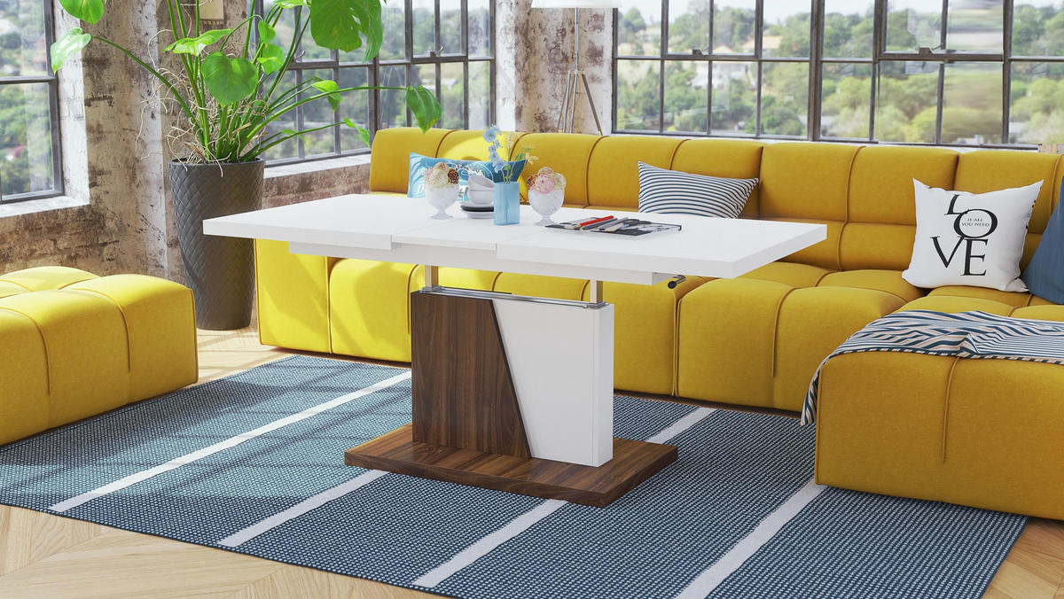 COUCHTISCH rechteckig Weiß matt - Nussbaum ausziehbar höhenverstellbar - Nussbaumfarben/Weiß, Holzwerkstoff (70/120/60cm) - designimpex