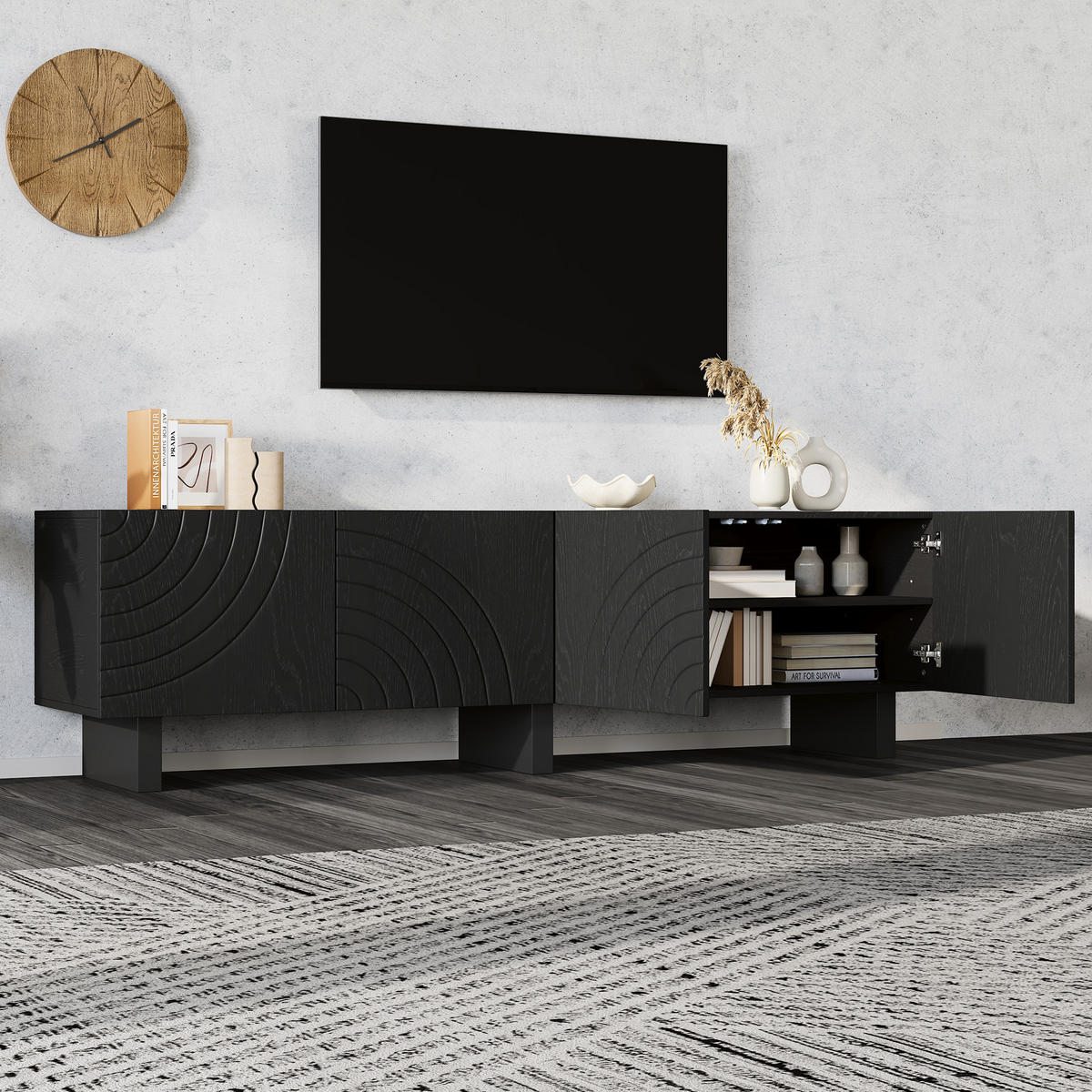 LOWBOARD Schwarz 180/40/55 cm, 4 Türen, Struktur-Design - Schwarz, Holzwerkstoff (180/55/40cm) - PANGIVO