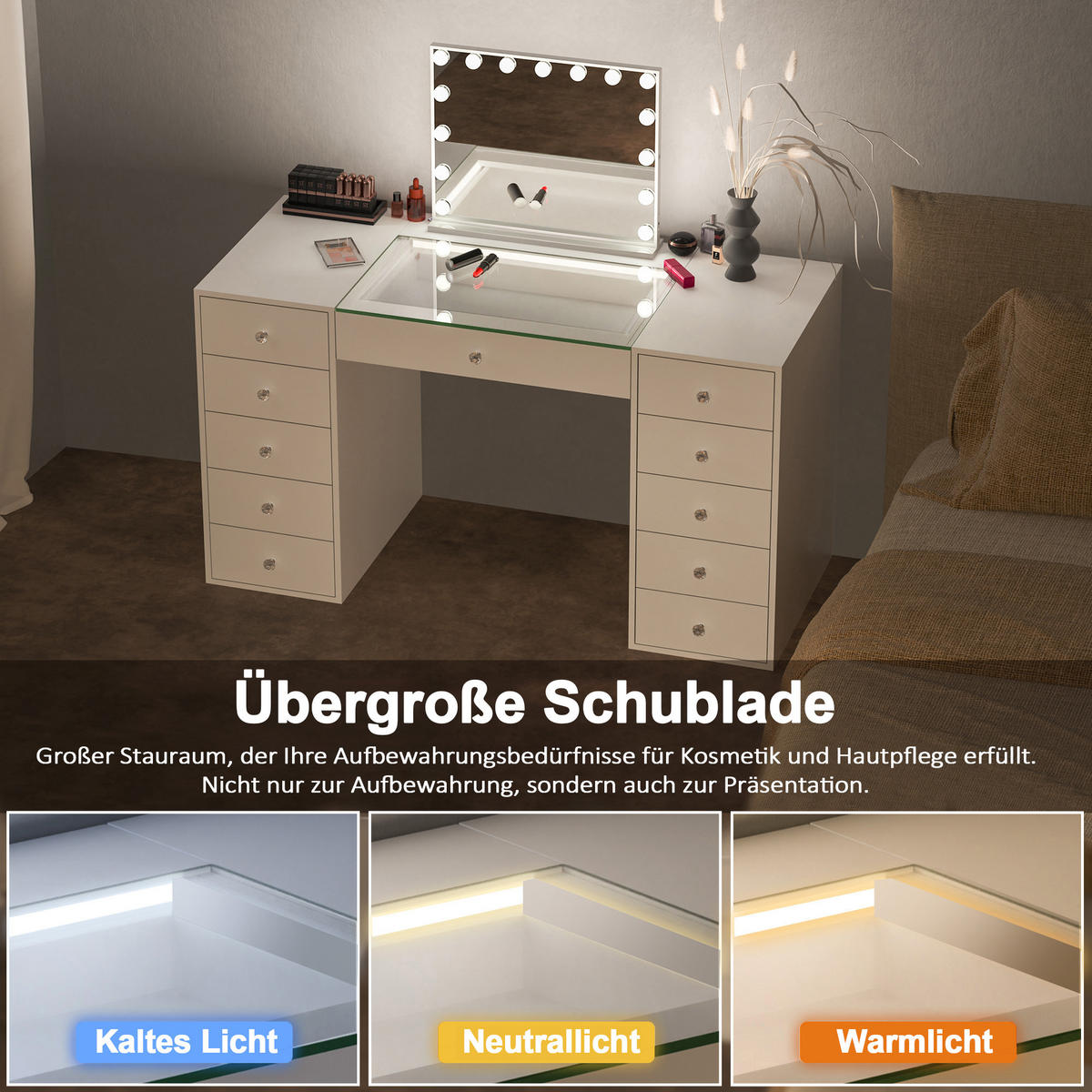 KONSOLENTISCH mit LED 11 Schubladen 130/55/81 CM - Weiß, Metall (55/130/81cm) - VANITII