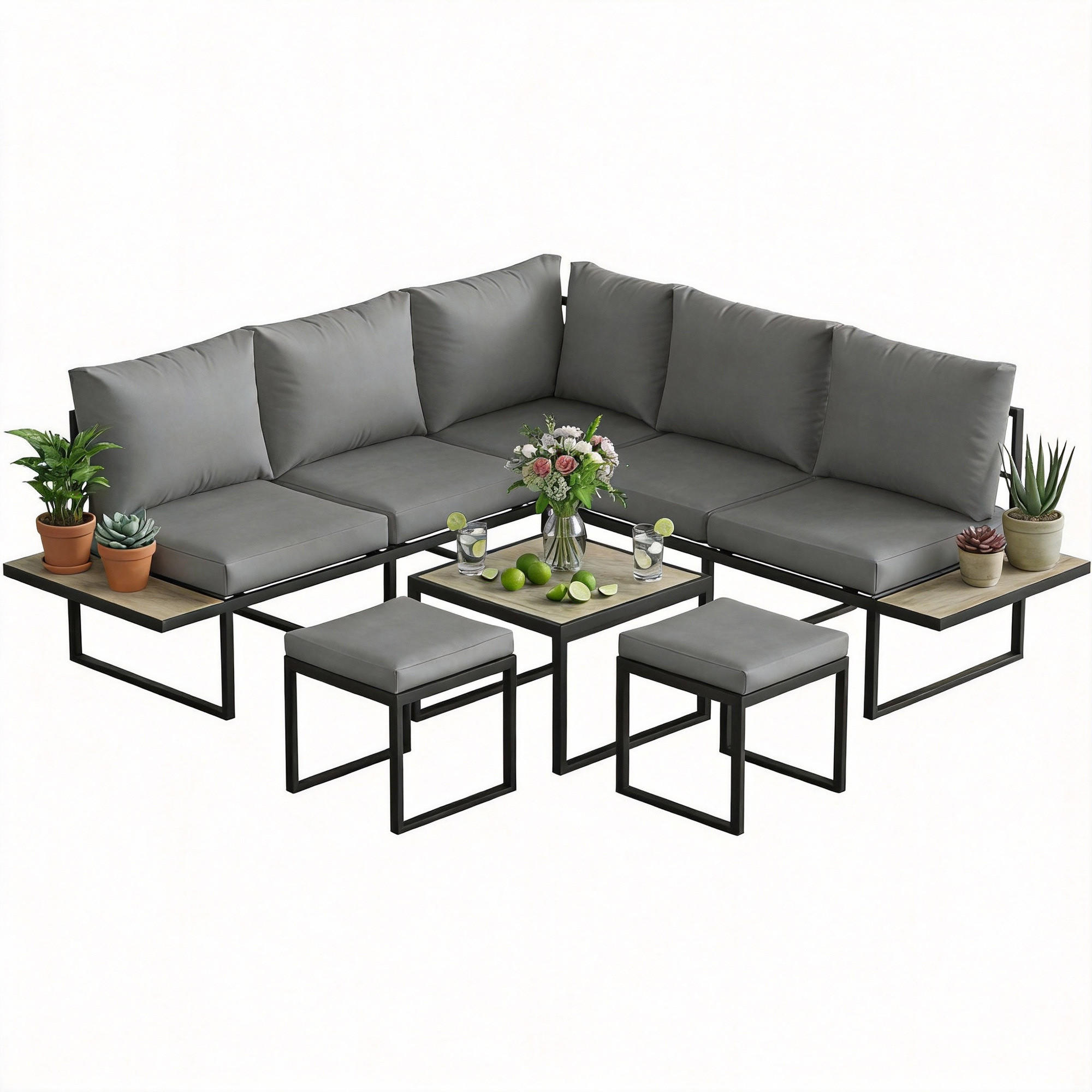 GARTENLOUNGE-SET DE-13523 6-sitzig mit Seitentischen Grau - Dunkelgrau, Metall - ComfortXL