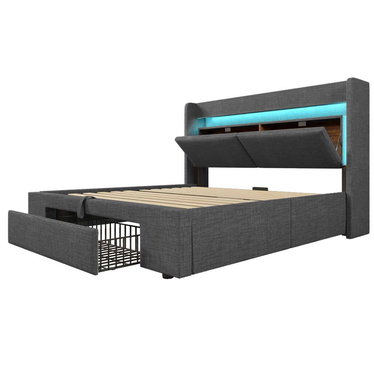POLSTERBETT aus Leinen 140x200 cm Grau mit Matratze, LED, USB-C und hydraulischem Stauraum - Grau, Textil (140/200cm) - IVMEU