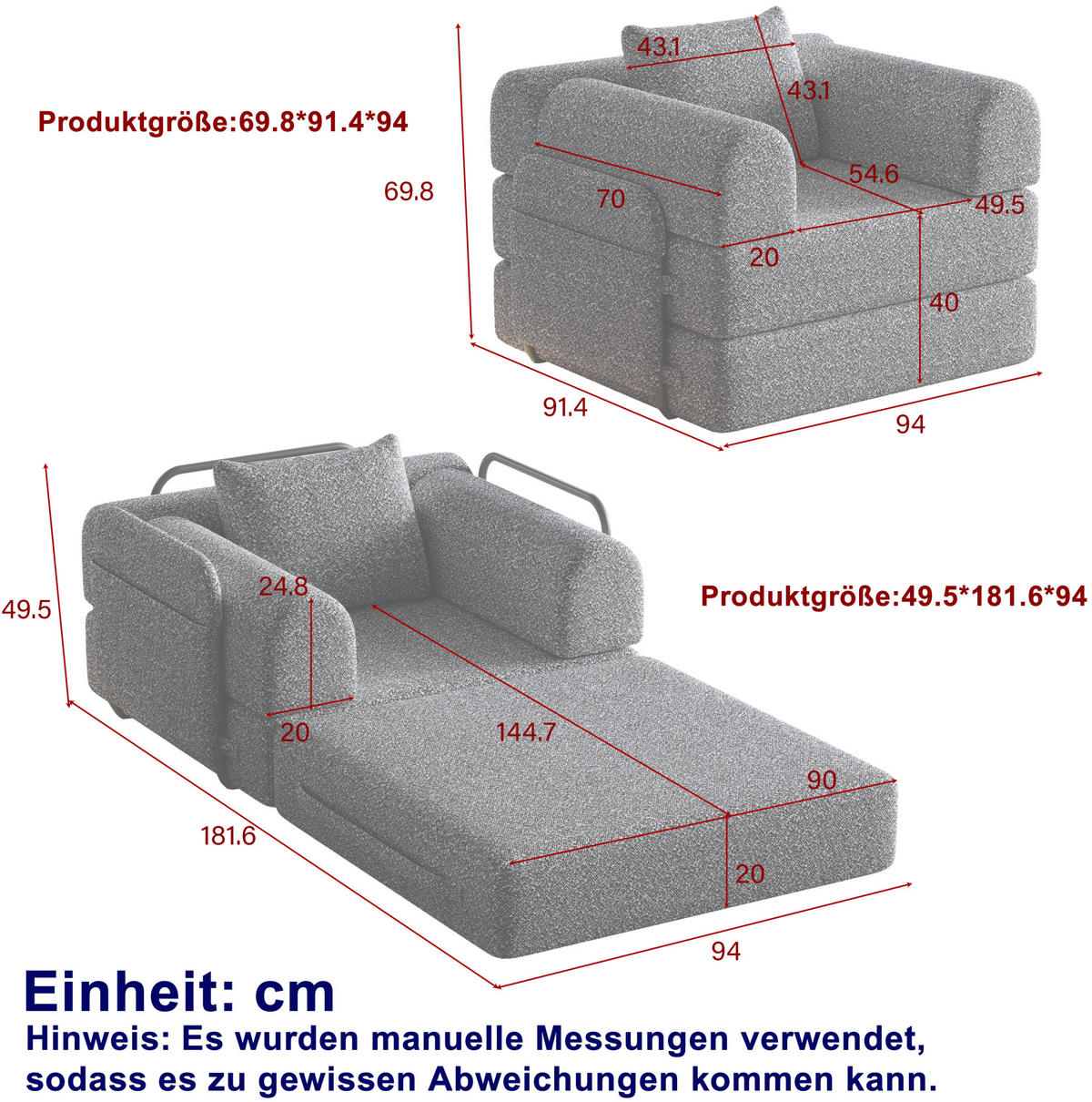 SCHLAFSOFA 2-in-1, Chenille mit Armlehnen-Staufach & Stahlrahmen, 94/181,6/49,5 cm, Beige - Beige, Textil (94/49.5/181.6cm) - Redom