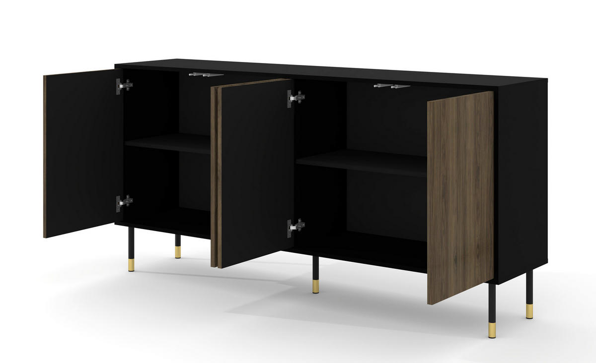 KOMMODE Schwarz, Walnuss, Gold 180/88/40 - Schwarz, Holzwerkstoff (180/88/40cm) - RAUMHIRSCH FURNITURE