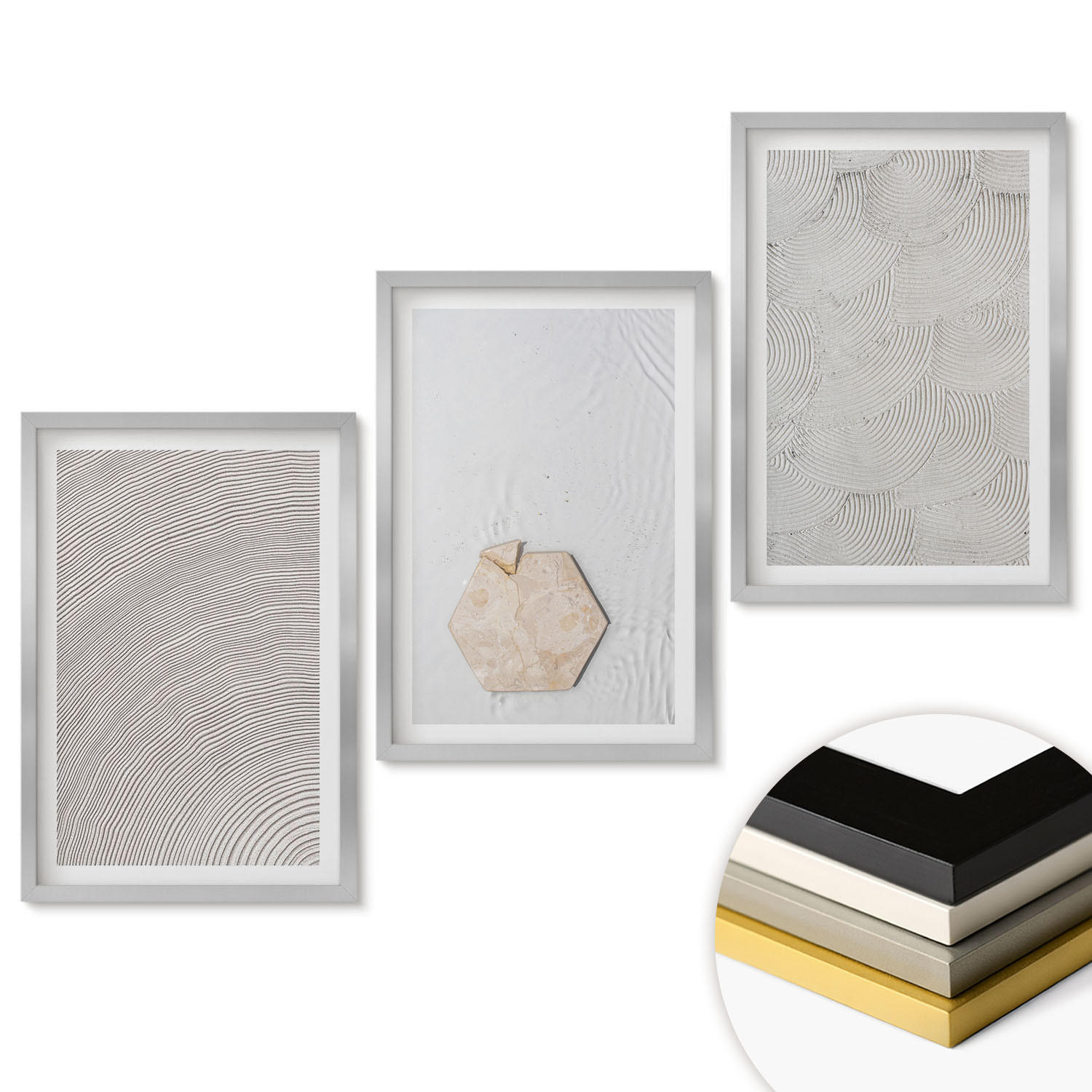 WANDBILDER 3er Set - 40x60 cm Silberner Rahmen - Leichte Boho-Sandtexturen - Silberfarben, Kunststoff (40/60cm) - ArtPrintCave