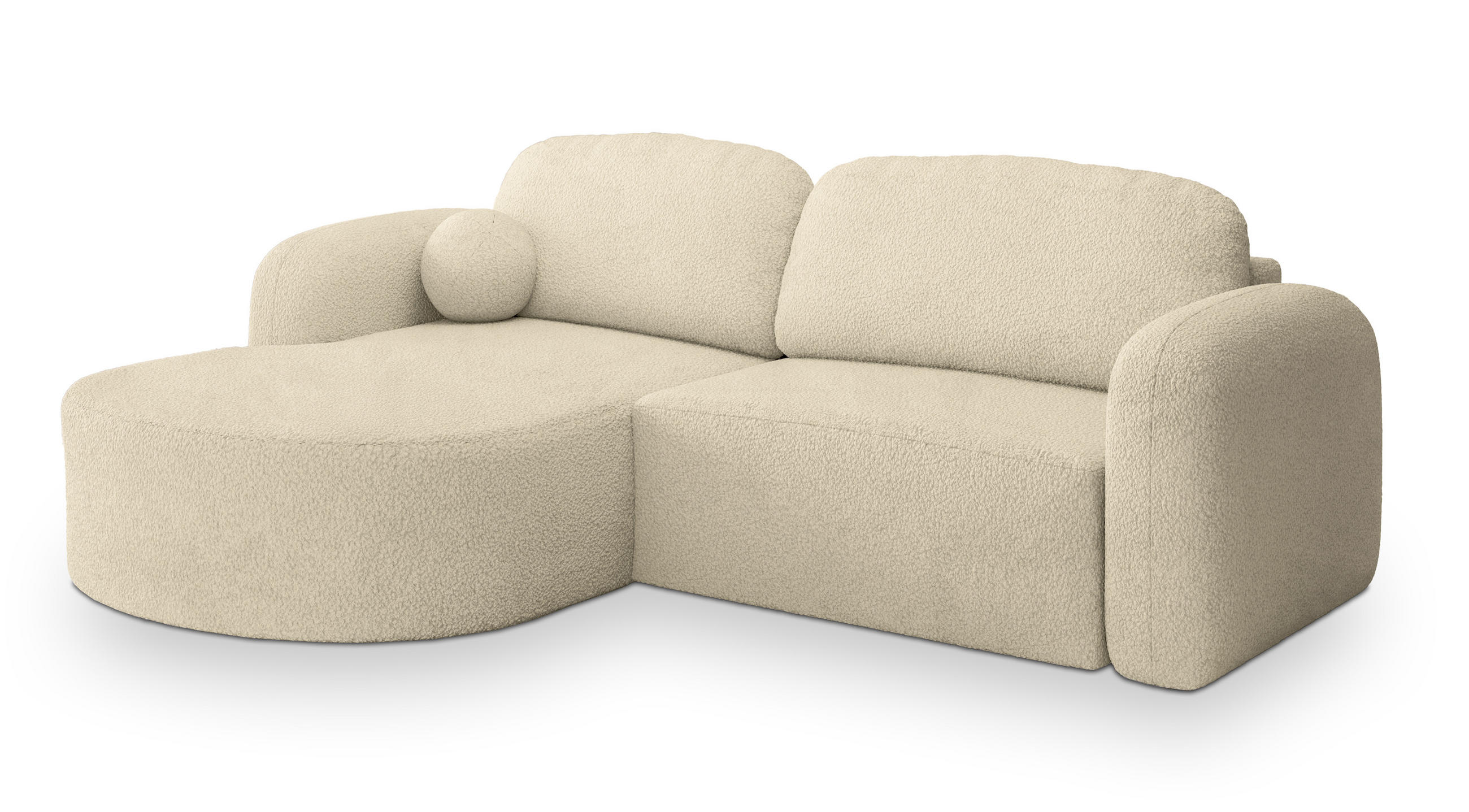 ECKSOFA AMILIA L-S Creme Boucle-Stoff mit Schlaffunktion - Creme, Holz (263/174cm) - MASSENO