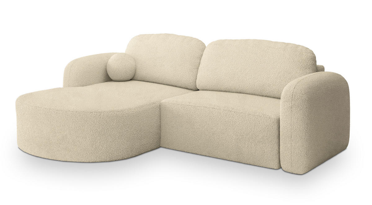 ECKSOFA AMILIA L-S Creme Boucle-Stoff mit Schlaffunktion - Creme, Holz (263/174cm) - MASSENO