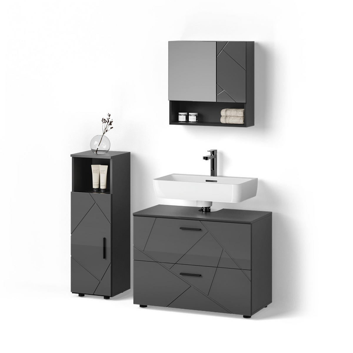 BADMÖBEL-SET Ronco Anthrazit Hochglanz 3 Teile, mit Midischrank - Anthrazit, Holzwerkstoff (80/58/41cm) - Livinity®