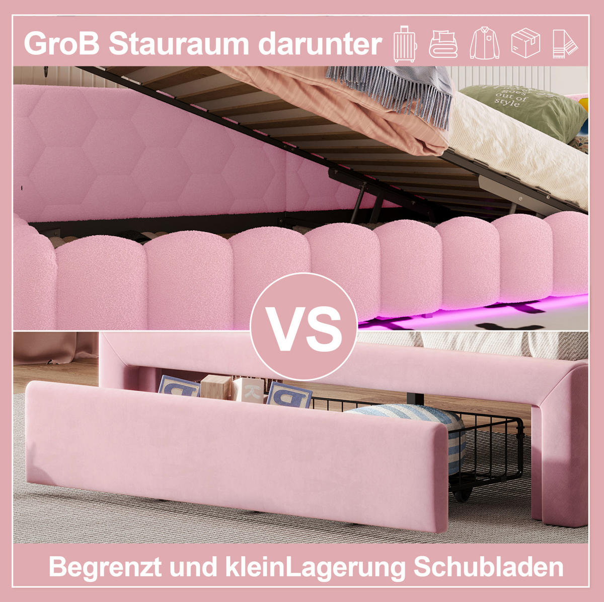 POLSTERBETT mit LED-Beleuchtung 90/200 cm in Rosa mit Bettkasten & USB-C - Rosa, Textil (90/200cm) - BEAOK
