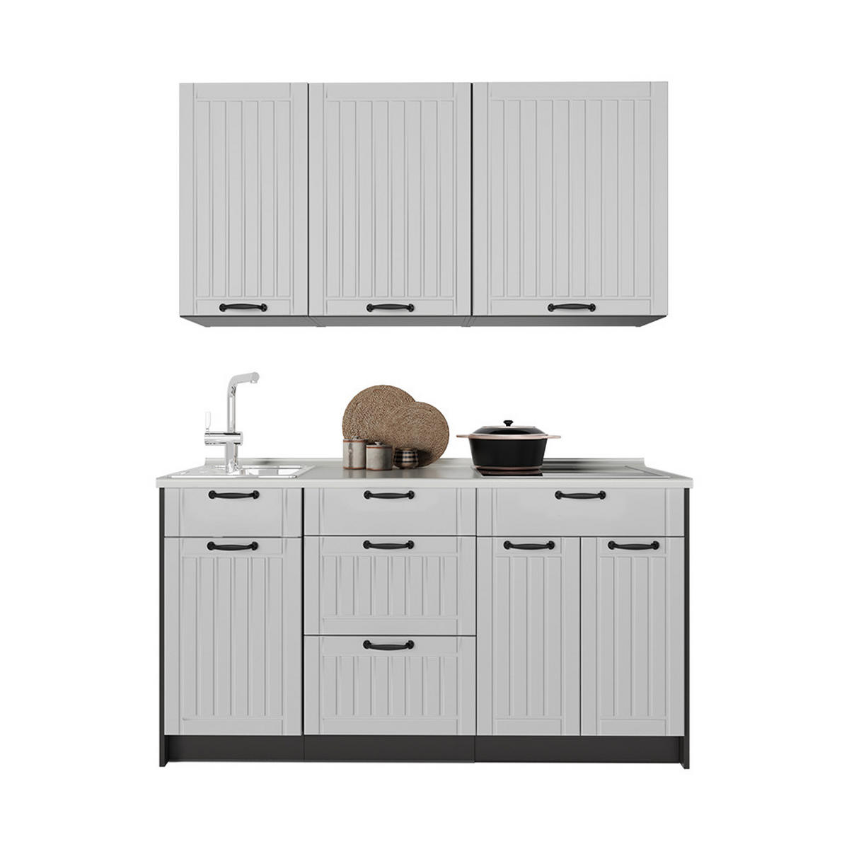 SINGLEKÜCHE Fame-Line, Weiß Landhaus/Anthrazit, 150 cm, AP Eiche - Anthrazit/Weiß, Holzwerkstoff (150/82/60cm) - Vicco