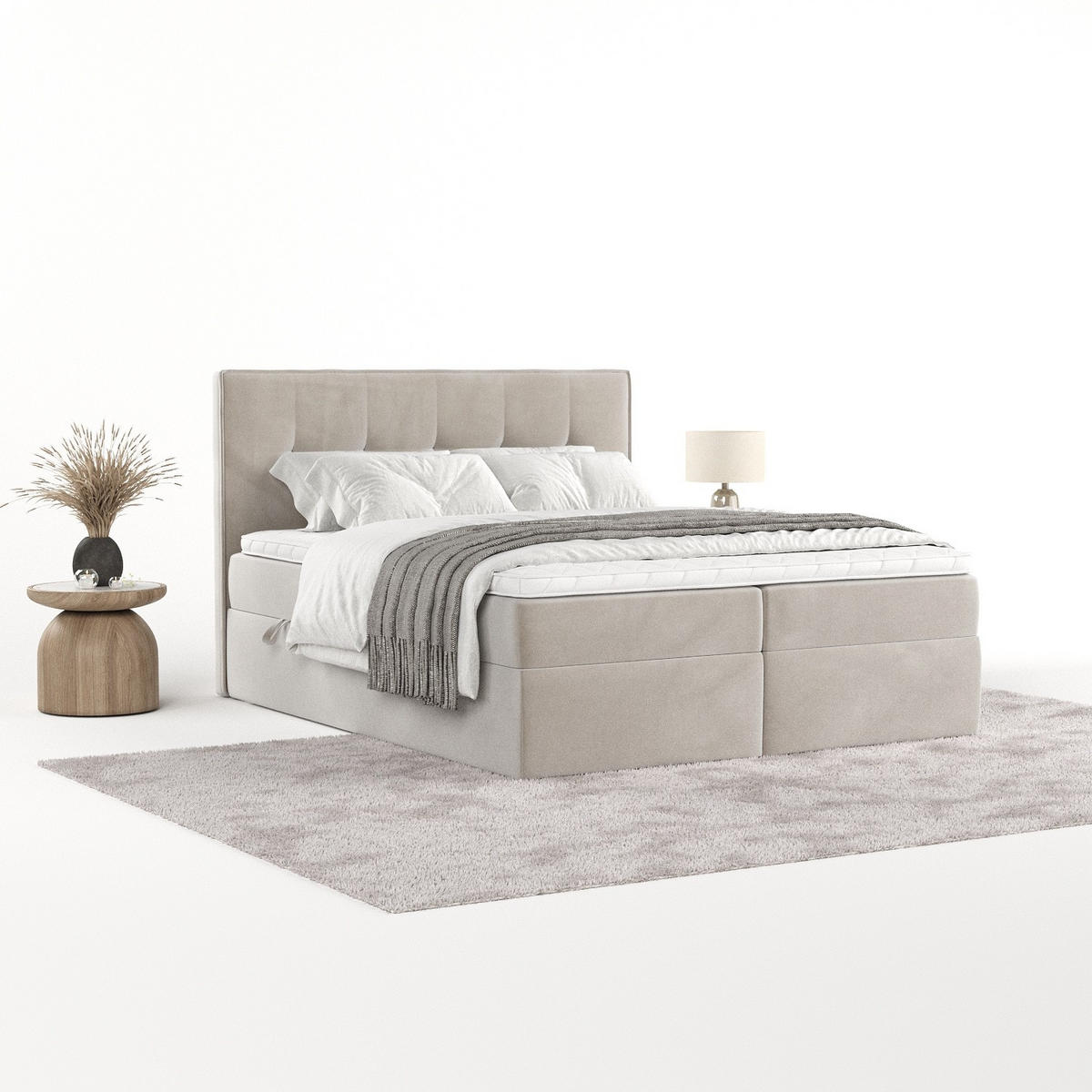 BOXBETT Mireo 140/200 cm Hellbeige im Paros Stoff - Beige/Schwarz, Holz/Holzwerkstoff (140/200cm) - AltaBeds