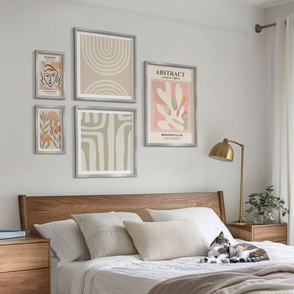 WANDBILDER 5er Set - 50x50 cm & 20x30 cm & 40x60 cm Silberner Rahmen - Abstrakte Pflanzenformen - Silberfarben, Kunststoff (40/60cm) - ArtPrintCave