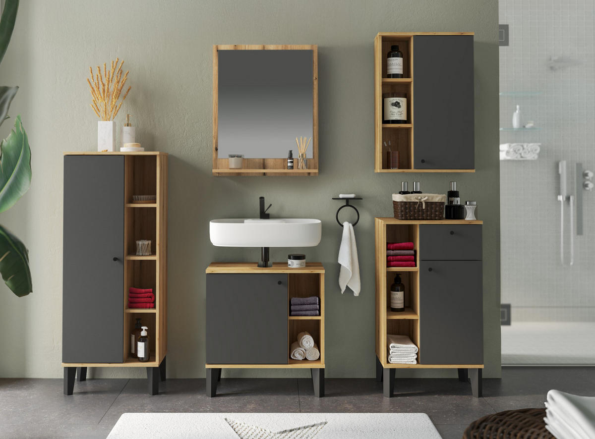 BADMÖBEL-SET 5-teilig grau, Evoke Eiche, Badkombination, 182 x 190 cm - Eichefarben/Grau, Glas/Holzwerkstoff (182/190/33cm) - Furn.Design