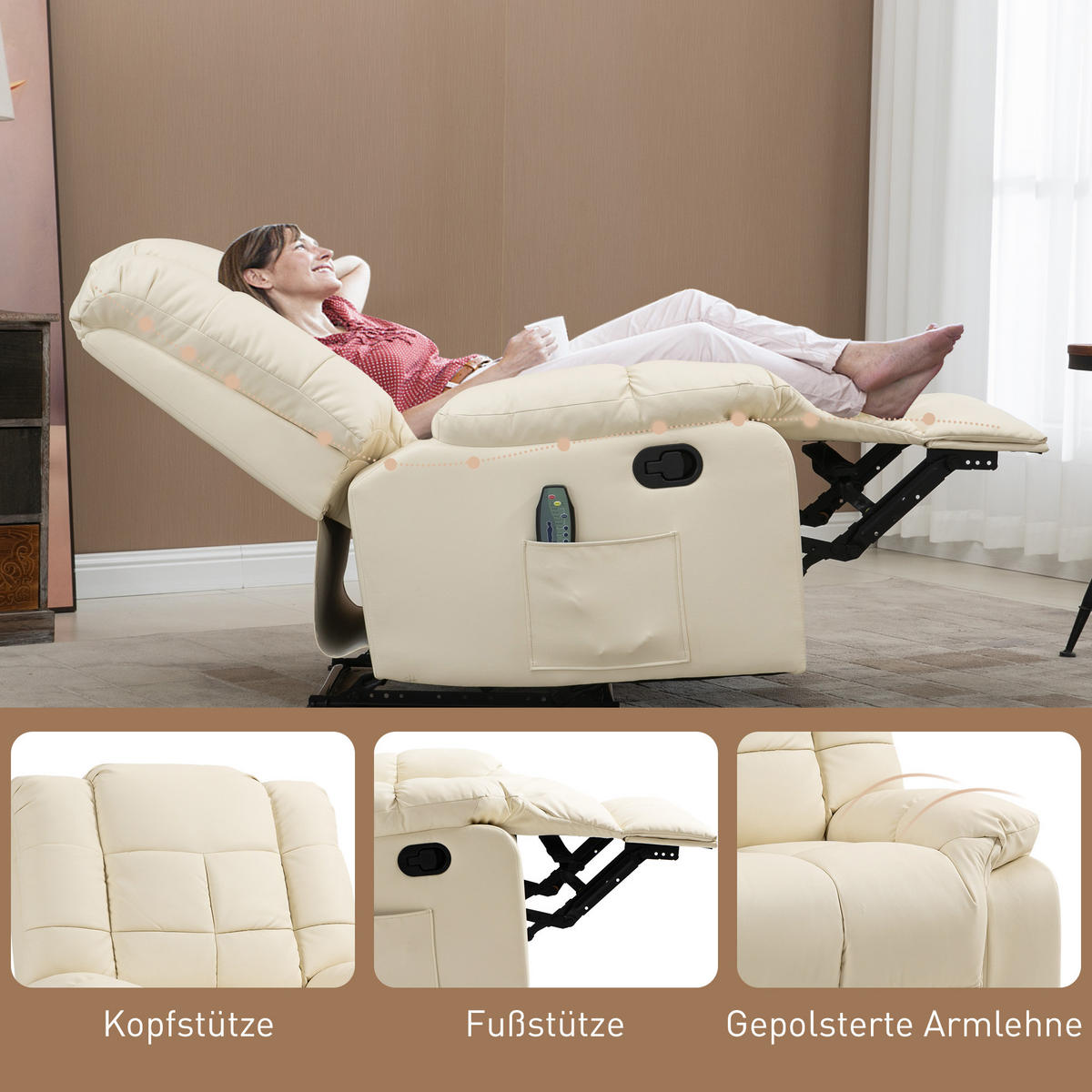 MASSAGESESSEL Elektrisch Fernsehsessel mit Liegefunktion 8 Massagepunkte Creme - Creme/Schwarz, Leder (99/99/94cm) - HOMCOM