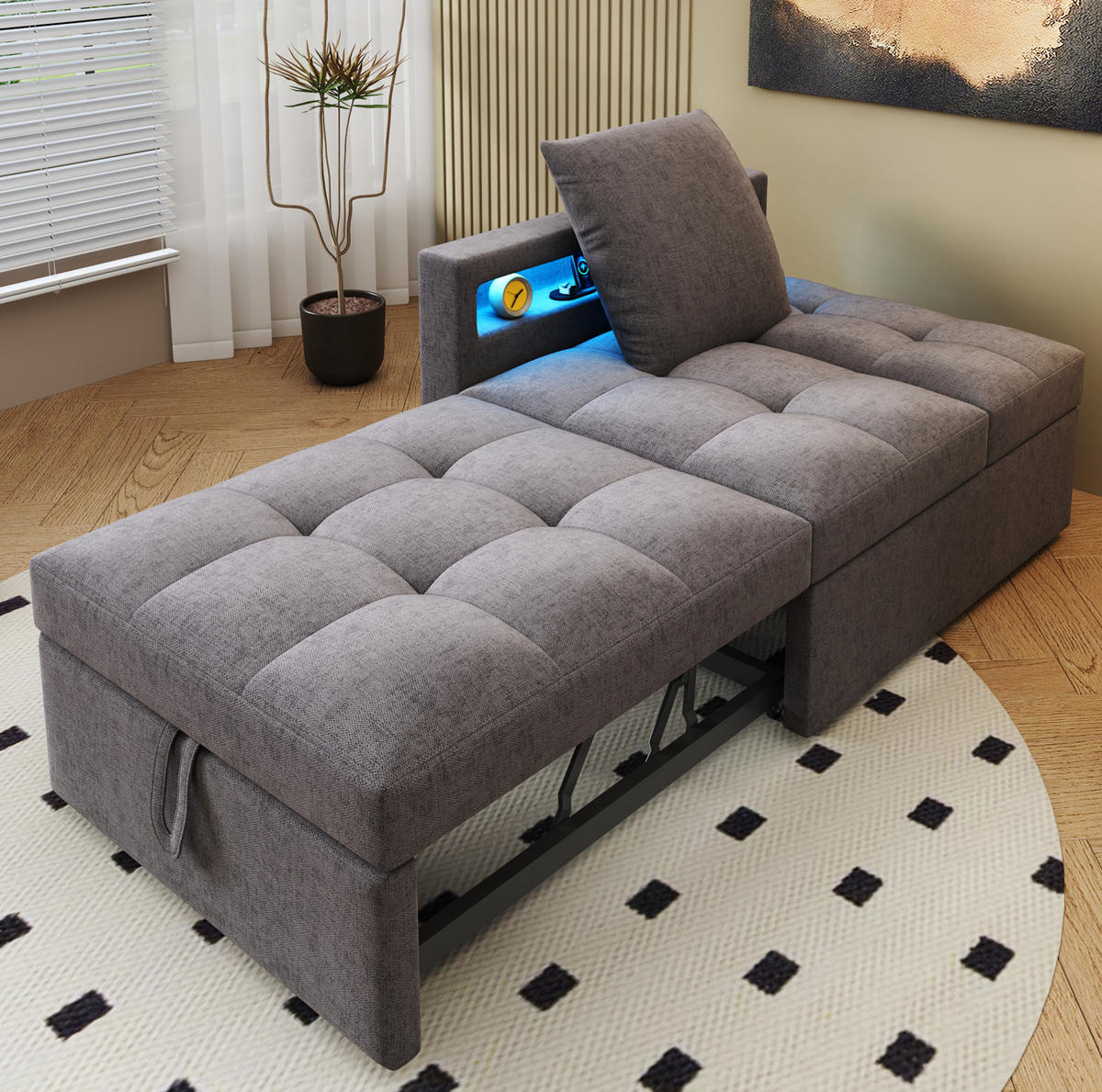SCHLAFSOFA 3-in-1 Leinenstoff mit 5-fach verstellbarer Rückenlehne und USB-Anschluss Dunkelgrau 177/68/65 cm - Dunkelgrau, Textil (68/65/177cm) - Redom