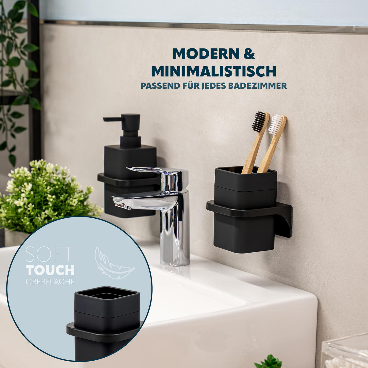 ZAHNPUTZBECHER SAVONA Softtouch, schwarz, eckig - Schwarz, Kunststoff (9/10.5/9cm) - bremermann