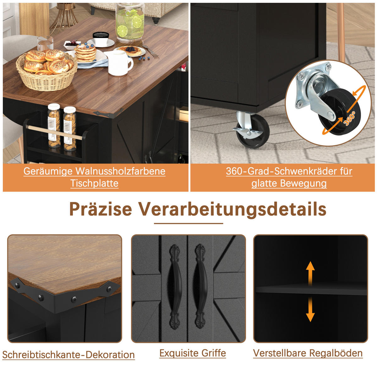 KÜCHENINSEL 140/73/92,5 cm Schwarz mit Klappplatte, 3 Schubladen, 2 Türen und Rollen - Schwarz, Holz/Holzwerkstoff (140/92.5/45cm) - Oxeza