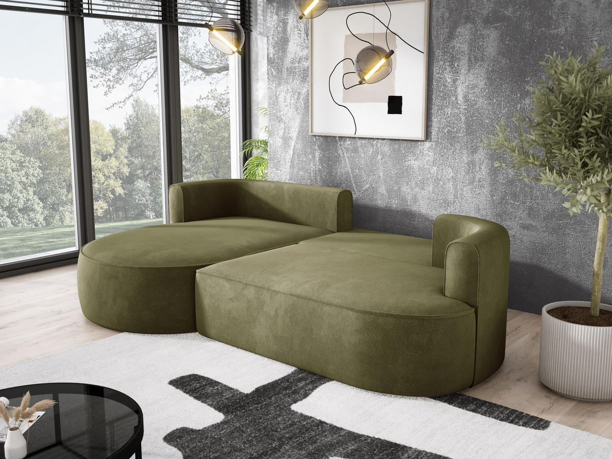 ECKSOFA FIORE-L Moderne Ausziehbare Schlaf-Funktion, automatischer Auffaltung, lose Rückenkissen freistehend LINKS 284x183x82 cm cm Green - Grün, Holz/Textil (183/284cm) - DomoHome