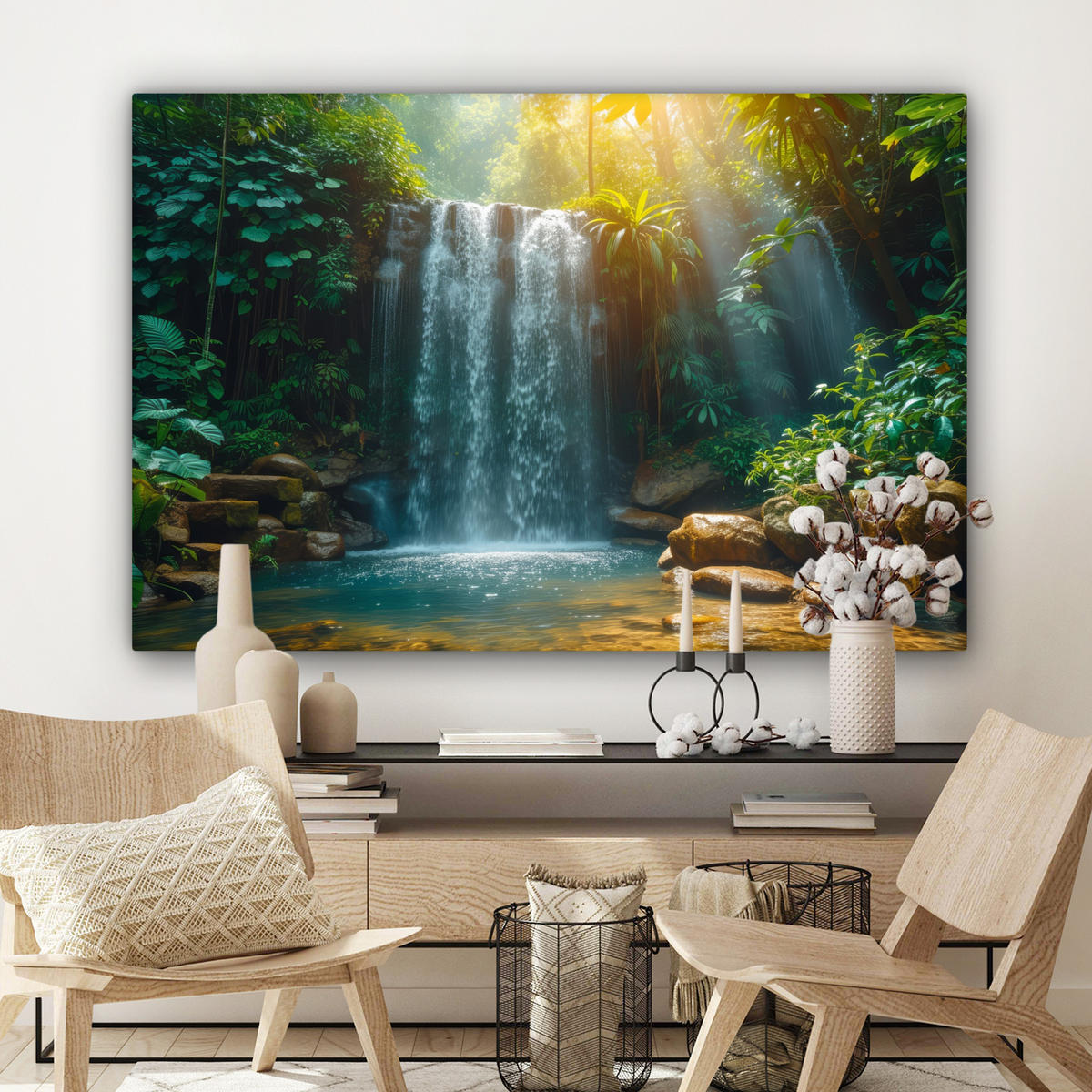 LEINWANDBILD Wasserfall - Dschungel - Sonne - Grün - Natur Wohnzimmer 120x80 cm - Grün, Textil (120/80cm) - MuchoWow