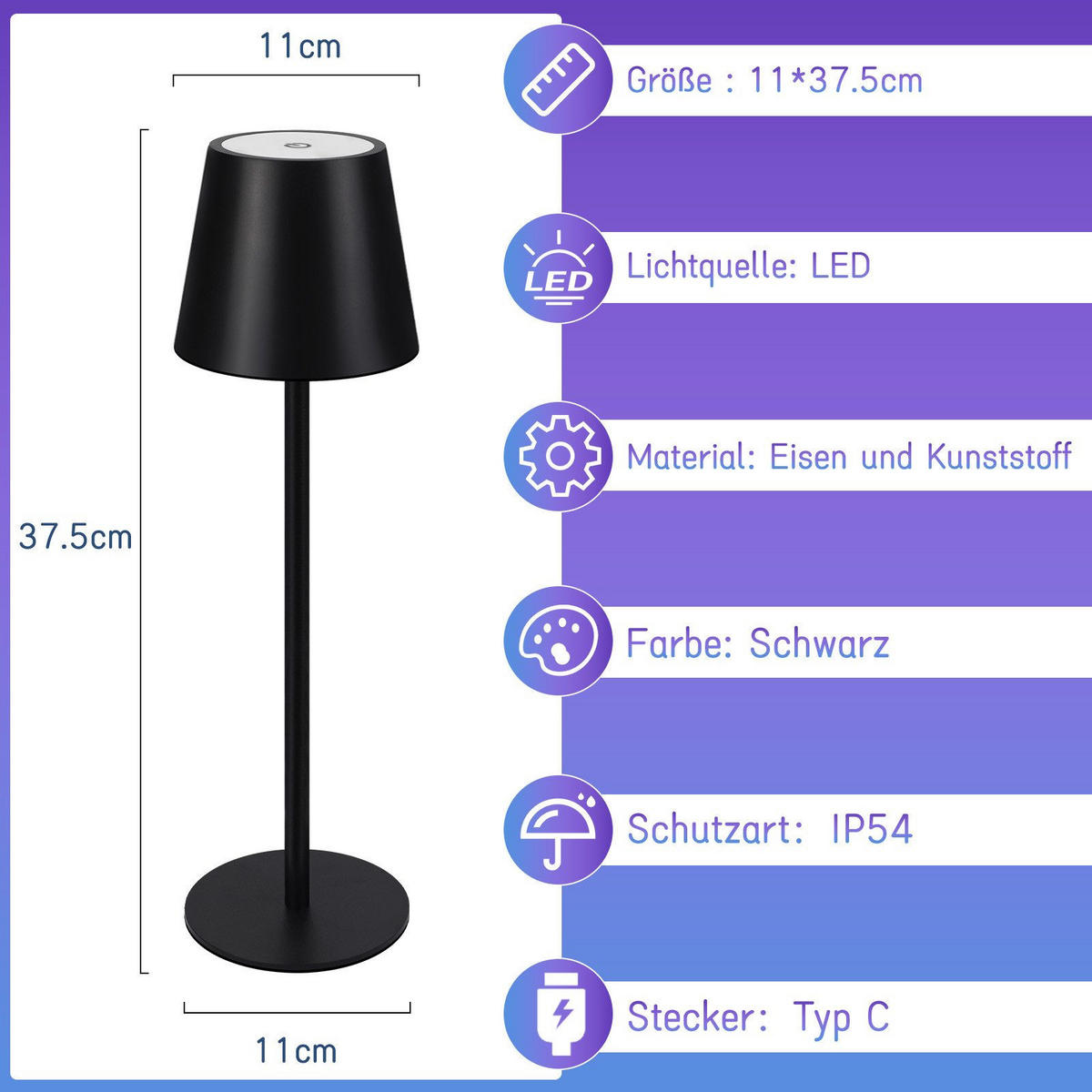 LED-TISCHLEUCHTE Kassel(2er-set) 11/11/37.5 cm - Schwarz, Metall (11/11/37.5cm) - Nettlife