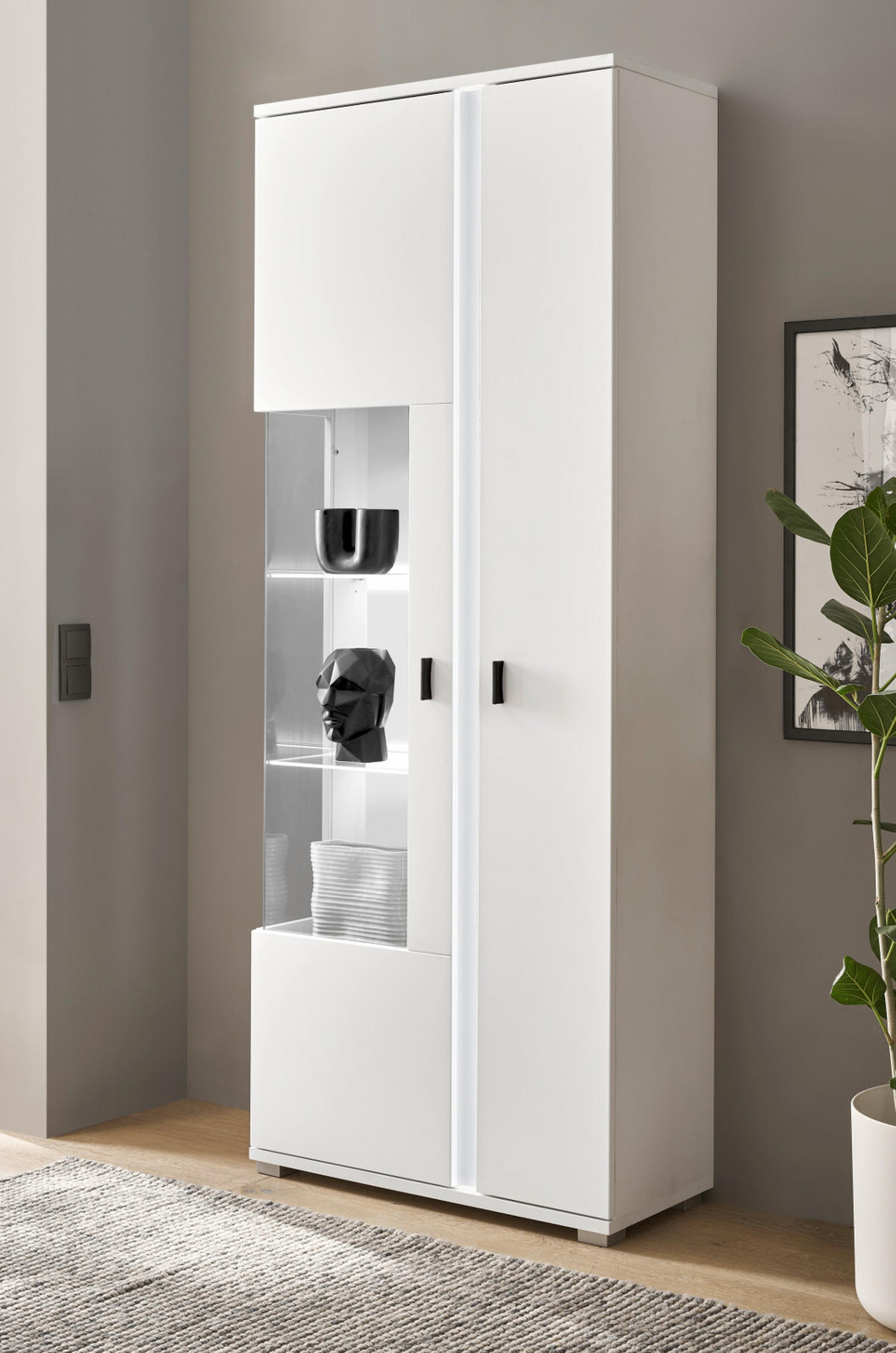 VITRINE weiß matt, Vitrinenschrank inklusive Frontbeleuchtung 80 x 200 cm - Silberfarben/Schwarz, Glas/Holzwerkstoff (80/200/35cm) - Furn.Design