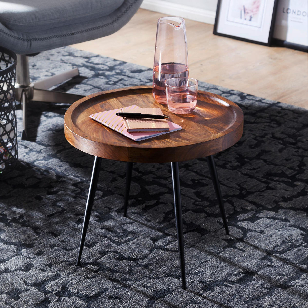 BEISTELLTISCH – Massivholz Metall 50 kg belastbar Industrial - Schwarz/Braun, Holz/Metall (46/46/40cm) - KADIMA DESIGN