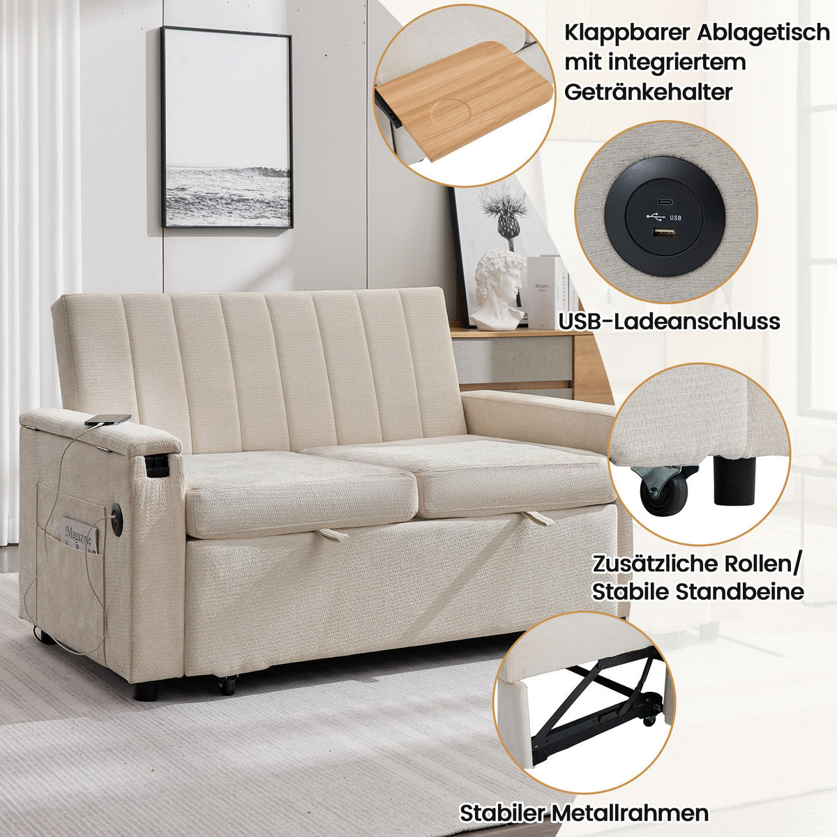 SCHLAFSOFA 140/84.5/84 cm Beige mit Klapptablett, USB & Type-C Ladeanschluss, Seitentaschen und Rollen - Beige, Textil (140/84/84.5cm) - Oxeza