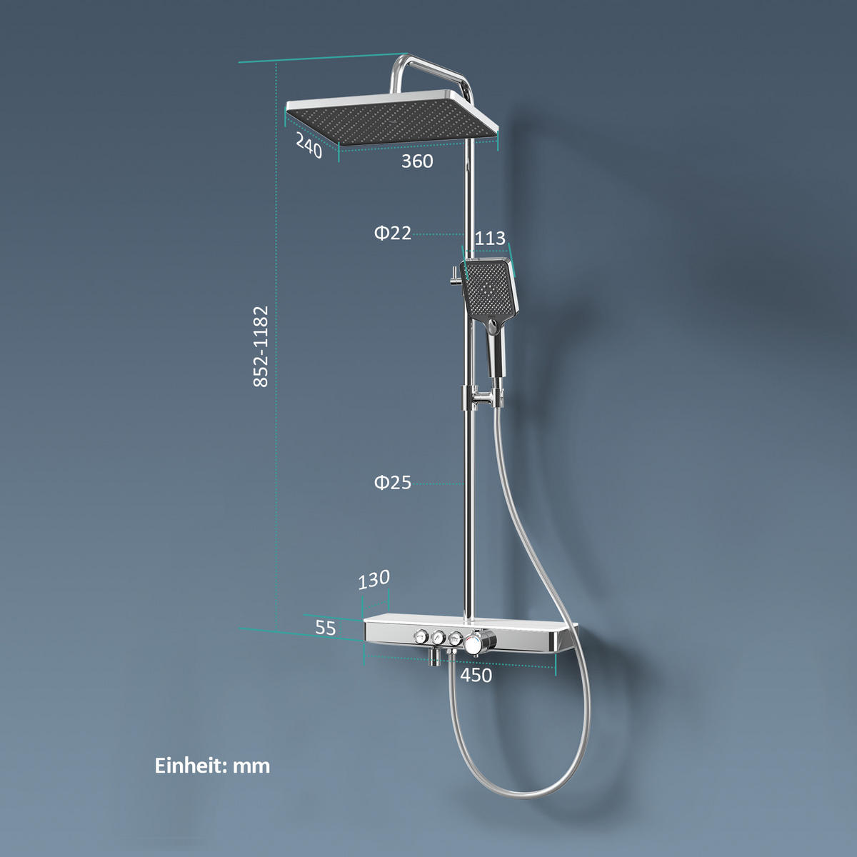 ÜBERKOPFBRAUSESET mit Drei Wasserauslassmethoden Thermostat mit Ablage Chrom - Chromfarben, Metall (44.5/127/45cm) - EMKE