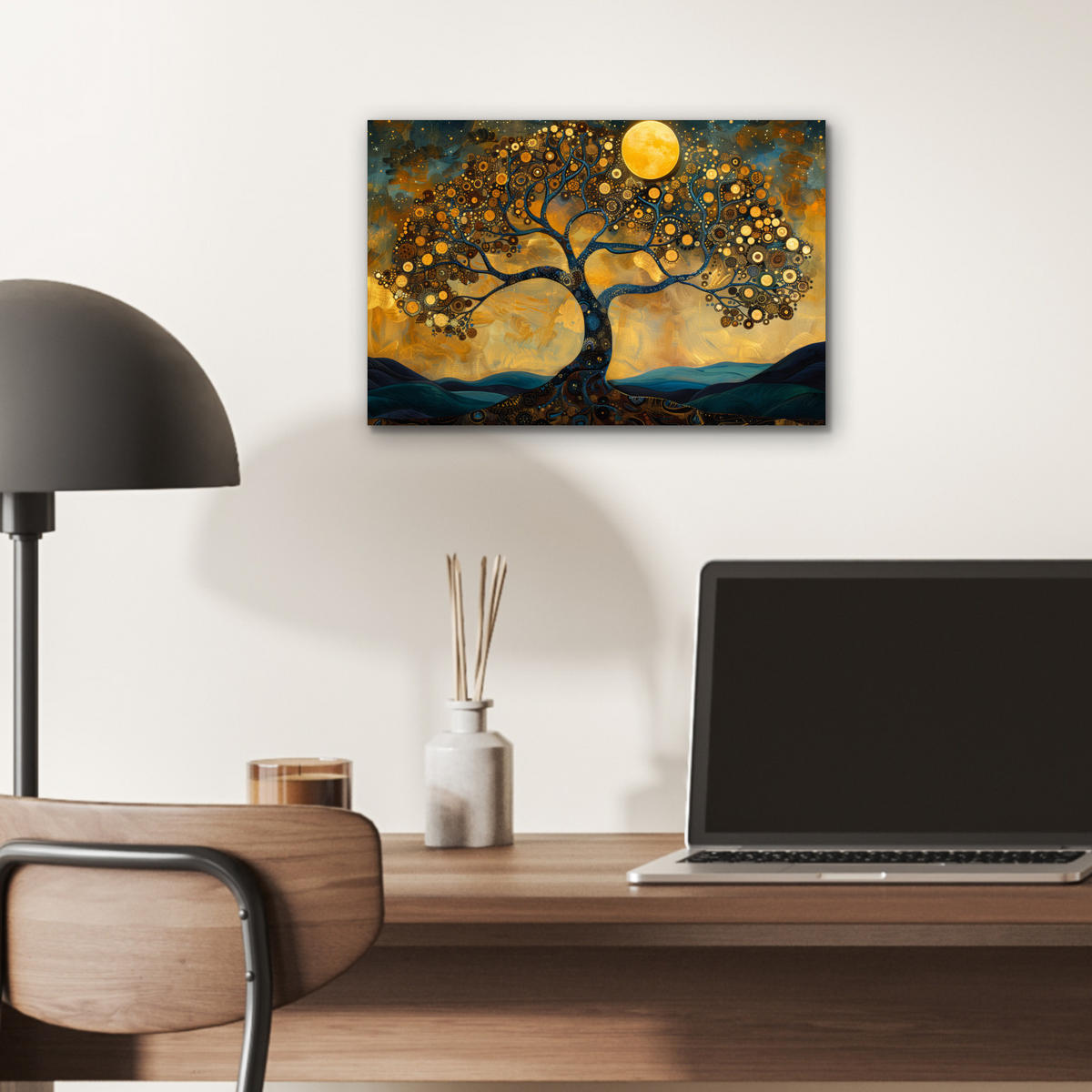 METALLBILD Baum - Mond - Blumen - Gold - Kunst 30x20 cm - Orange, Metall (30/20cm) - MuchoWow