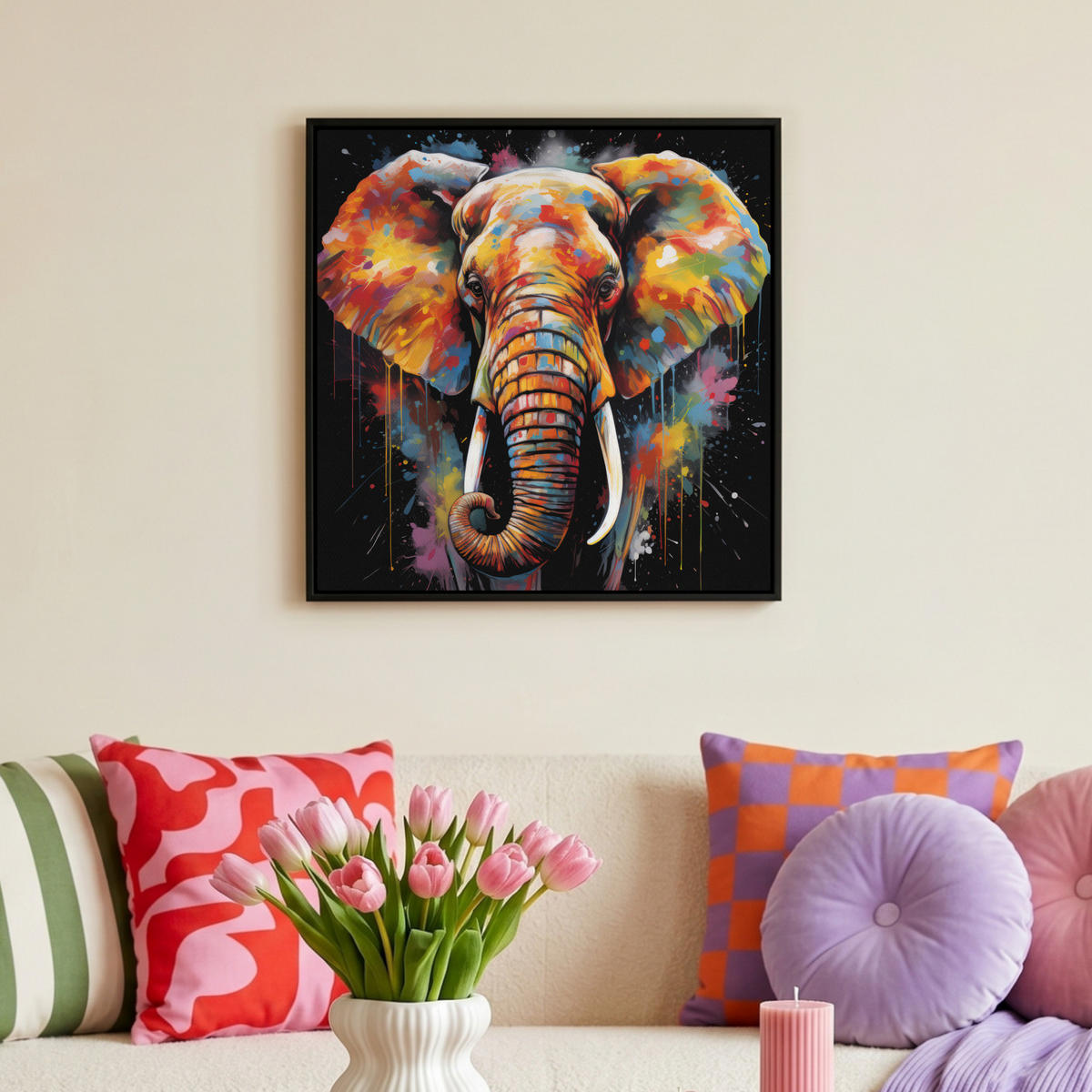 LEINWAND Bilder mit Rahmen - Elefant - Graffiti - Schwarz - Tiere - Farben - 50x50 - Schwarz, Textil (50/50cm) - MuchoWow