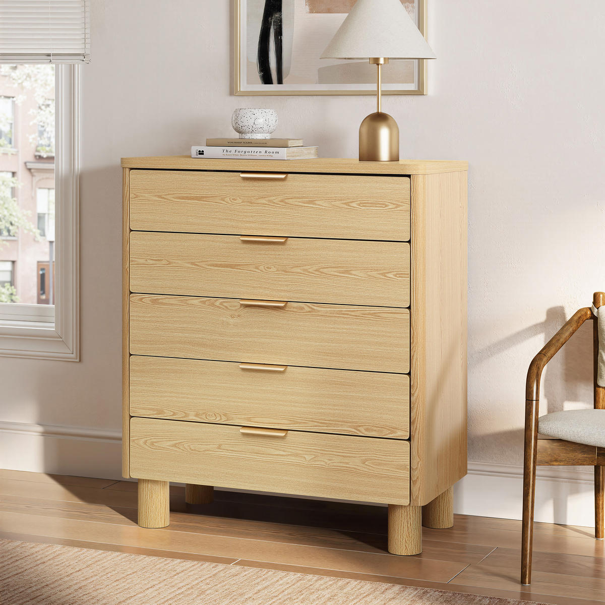 MODERNE Kommode mit fünf Schubladen, Eichenholzoptik, MDF | B 40 cm x T 50 cm x H 95 cm - Gelb/Hellgelb, Holz (40/95/80cm) - Hometopia