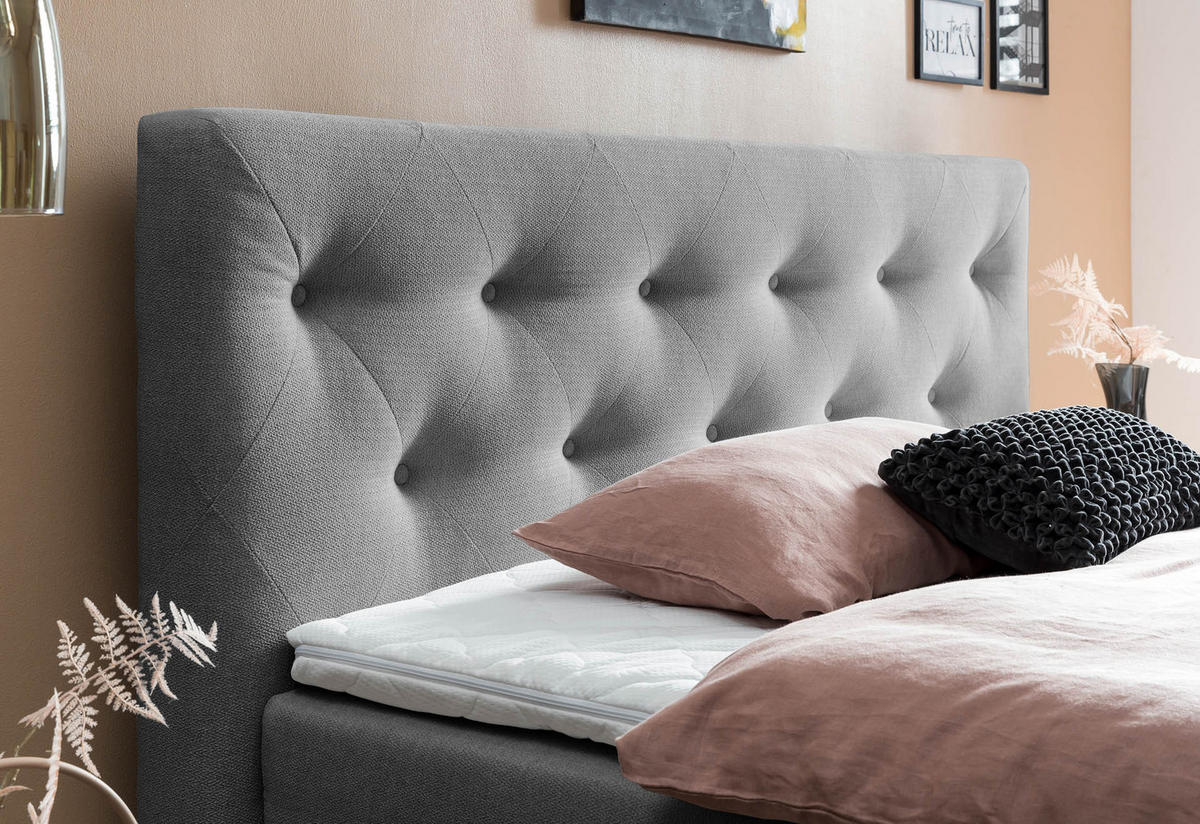 BOXSPRINGBETT MARBO 180x200 Anthrazit H2 und H3 mit Bettkasten 7-Zonen Taschenfederkern Matratze inkl. Visco Topper und Eiche - Anthrazit, Textil (180/200cm) - Belanoti