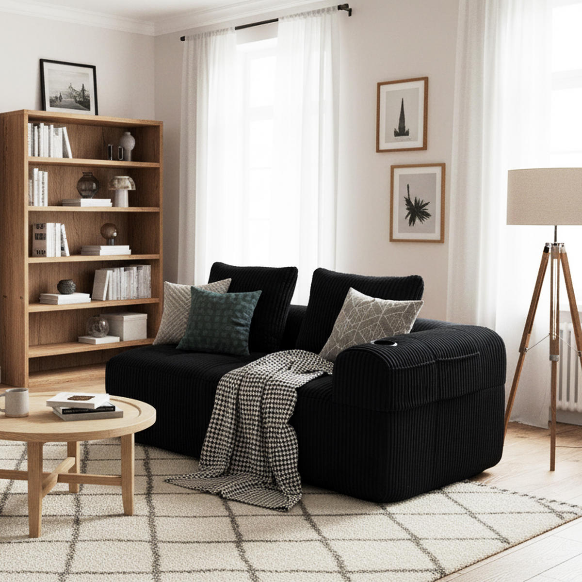 CHAISELONGUE in Cord Übergroßer Relaxsessel mit Seitentaschen - Schwarz, Textil (158/61/93cm) - Urban Meuble