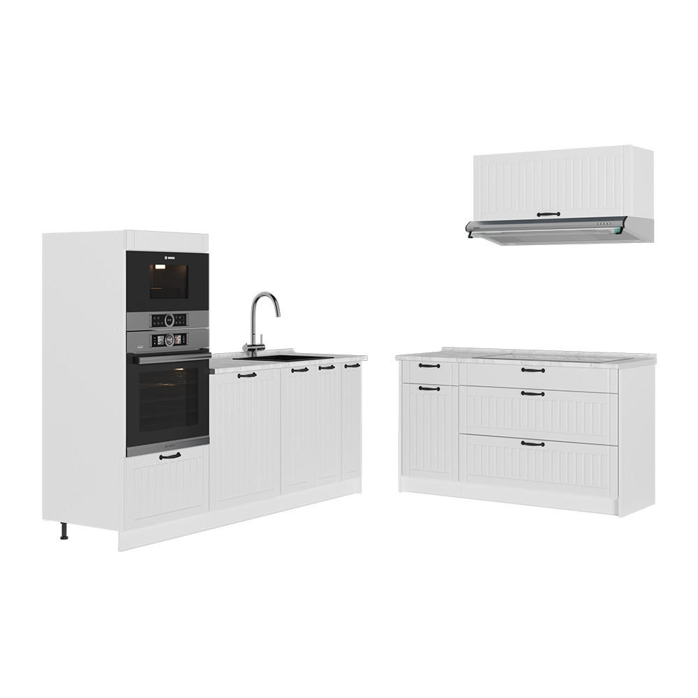KÜCHENZEILE Fame-Line, Weiß Landhaus/Weiß, 340 cm, AP Marmor - Weiß, Holzwerkstoff (340/153.6/60cm) - Vicco