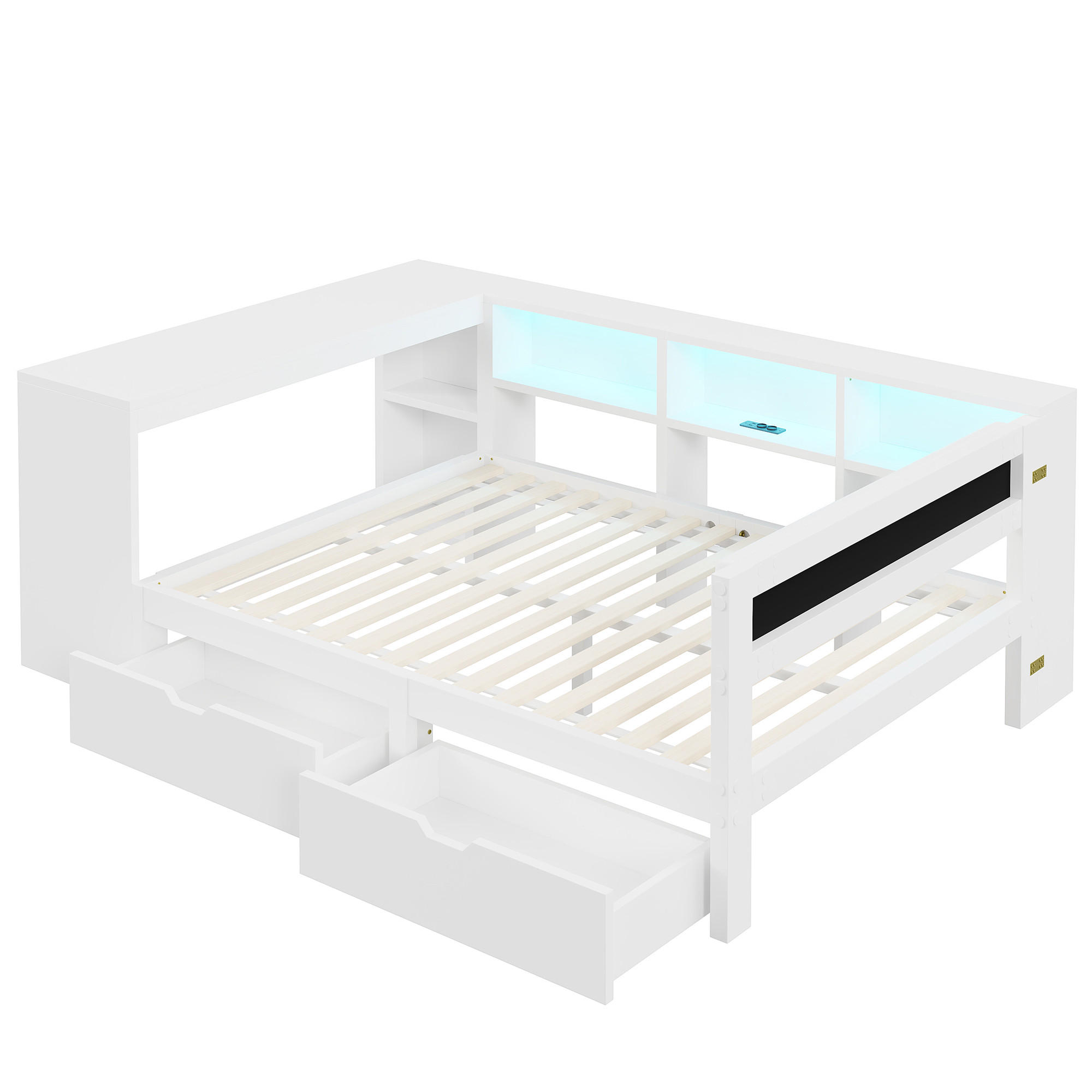 STAURAUMBETT 140/200 cm DE-03365, mit Ablageflächen, Schubladen, gepolstertem Kopfteil und LED, in Weiß - Weiß, Holzwerkstoff (140/200cm) - ComfortXL