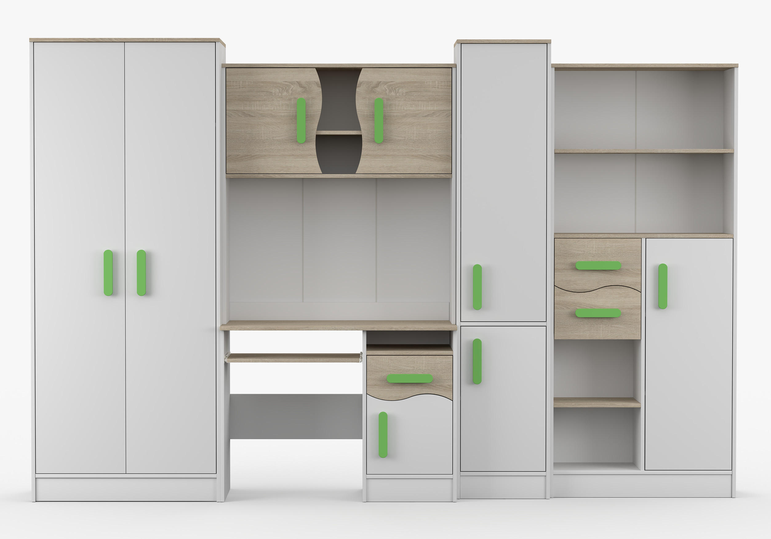 JUGENDZIMMER Wohnwand Colorino in Weiß und Eiche Sonoma – mit Limettenfarbenen Griffen 5 teilig - Kinderzimmer Komplett - Weiß, Holzwerkstoff (80/200/120cm)