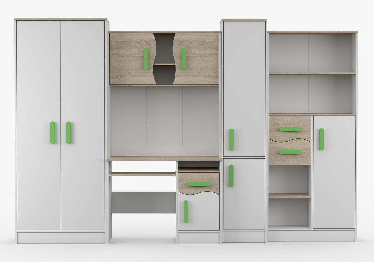 JUGENDZIMMER Wohnwand Colorino in Weiß und Eiche Sonoma – mit Limettenfarbenen Griffen 5 teilig - Kinderzimmer Komplett - Weiß, Holzwerkstoff (80/200/120cm)