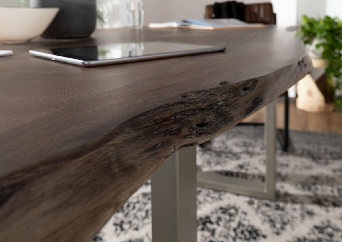 BAUMTISCH Akazie 200x100x76 grau Beine silber matt FREEFORM 3 - Grau, Holz (100/200/76cm) - Massivmoebel24