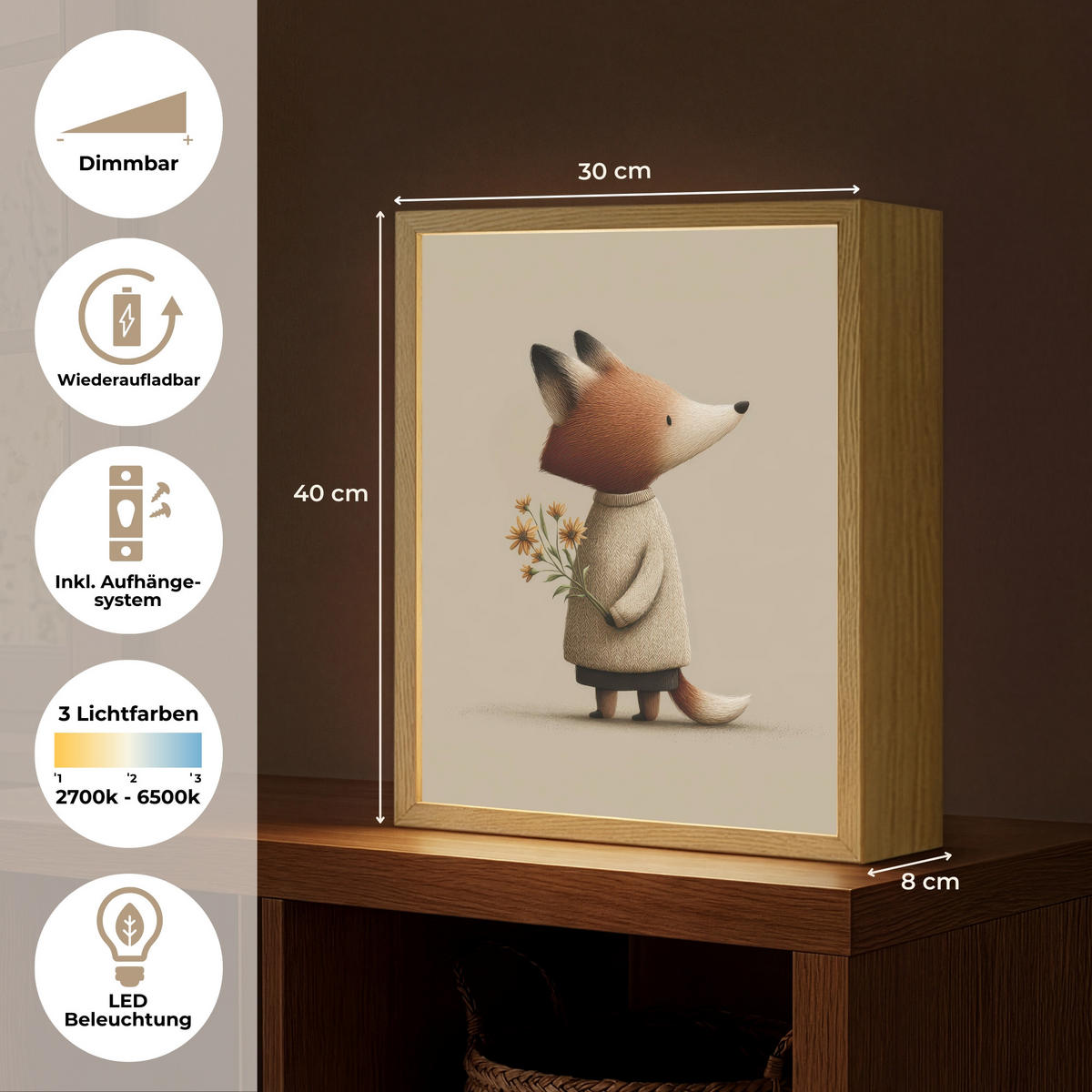 NÁSTĚNNÁ LAMPA S AKUMULÁTOREM Liška - Žluté květy - Minimalistický 30x40 cm - šedohnědá, kompozitní dřevo (30/40/8cm) - OnlyWow
