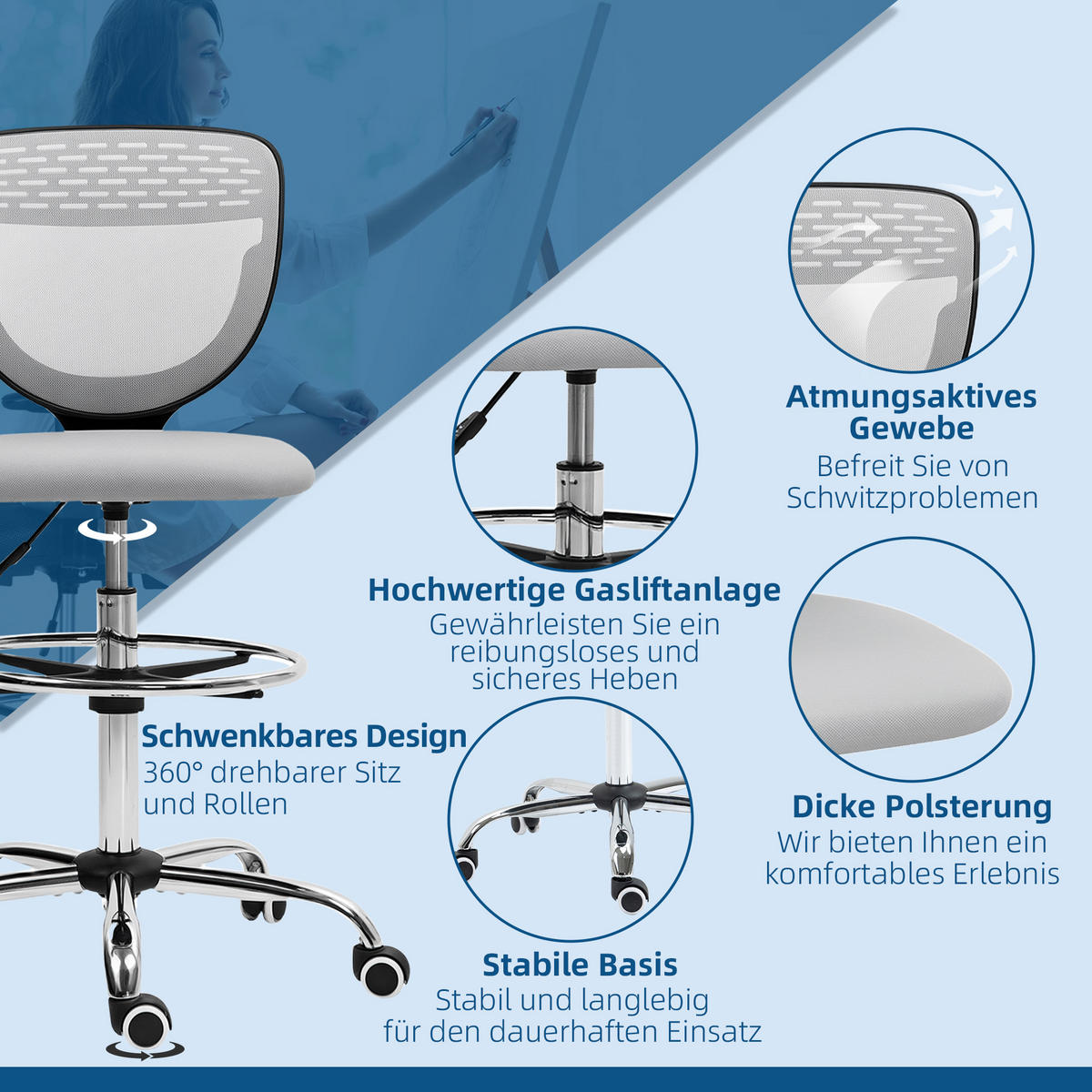 BÜROSTUHL Polyester Hellgrau - Hellgrau, Textil (59/126/59cm) - Vinsetto