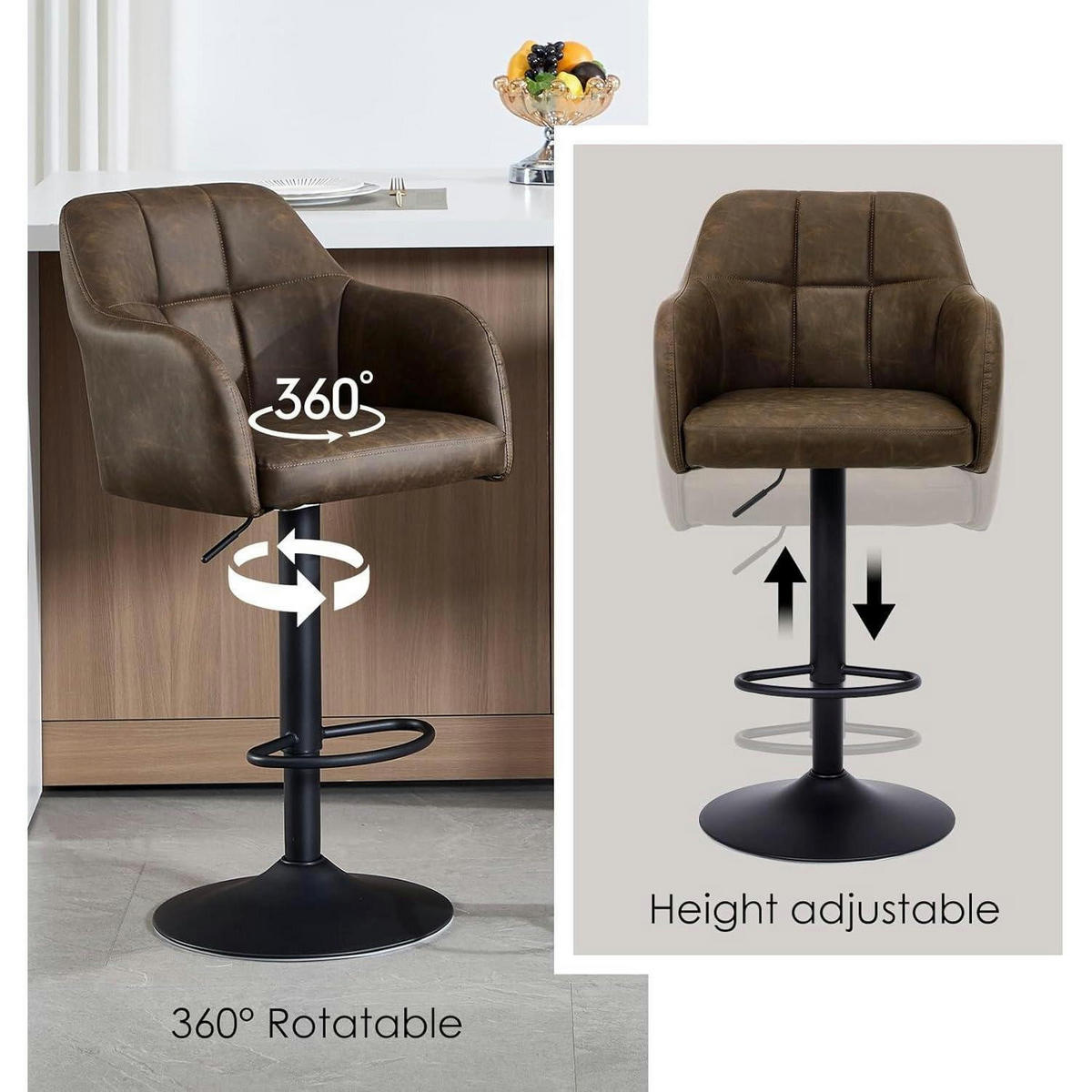 BARHOCKER 2er-Set höhenverstellbar Braun mit Armlehnen - Braun, Leder (56/116/41cm)