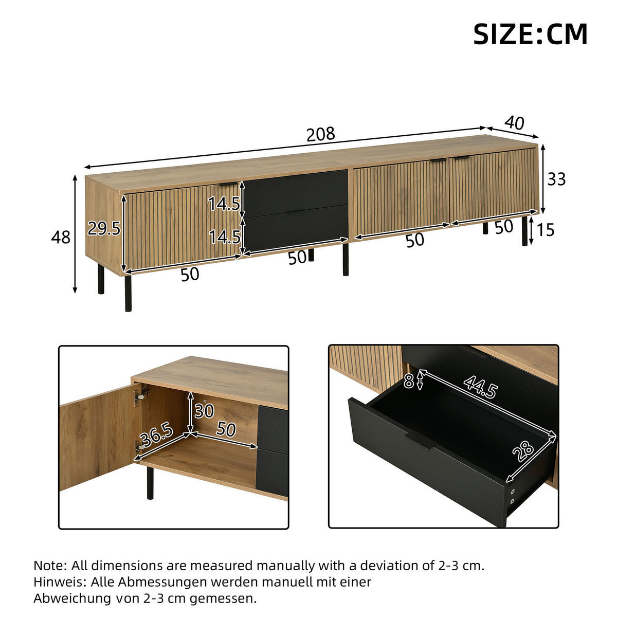 LOWBOARD in Holzoptik TV-Schrank mit Kabelmanagement , für 85-Zoll-Fernseher , B208/T40/H48 cm - Schwarz/Naturfarben, Holzwerkstoff/Metall (208/48/40cm) - STILVORA