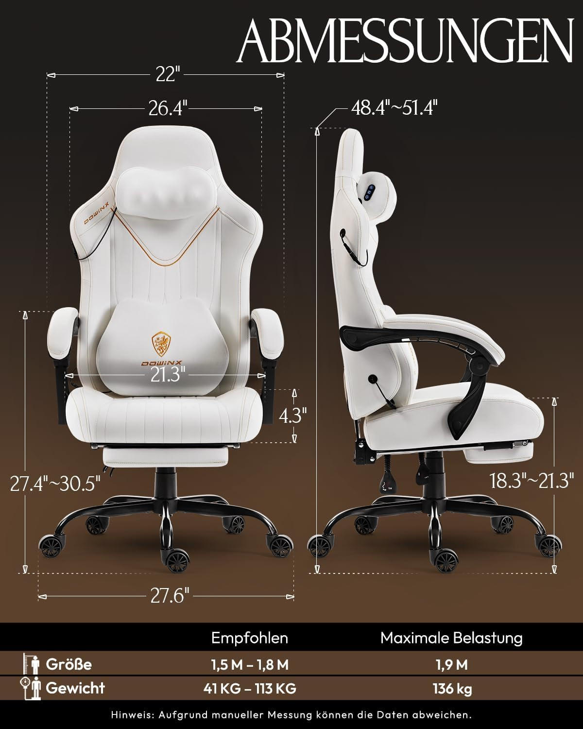 GAMING Stuhl mit Massagefunktion & Lendenwirbelstütze & Nackenstütze - Weiß, Leder (56/123/70cm)