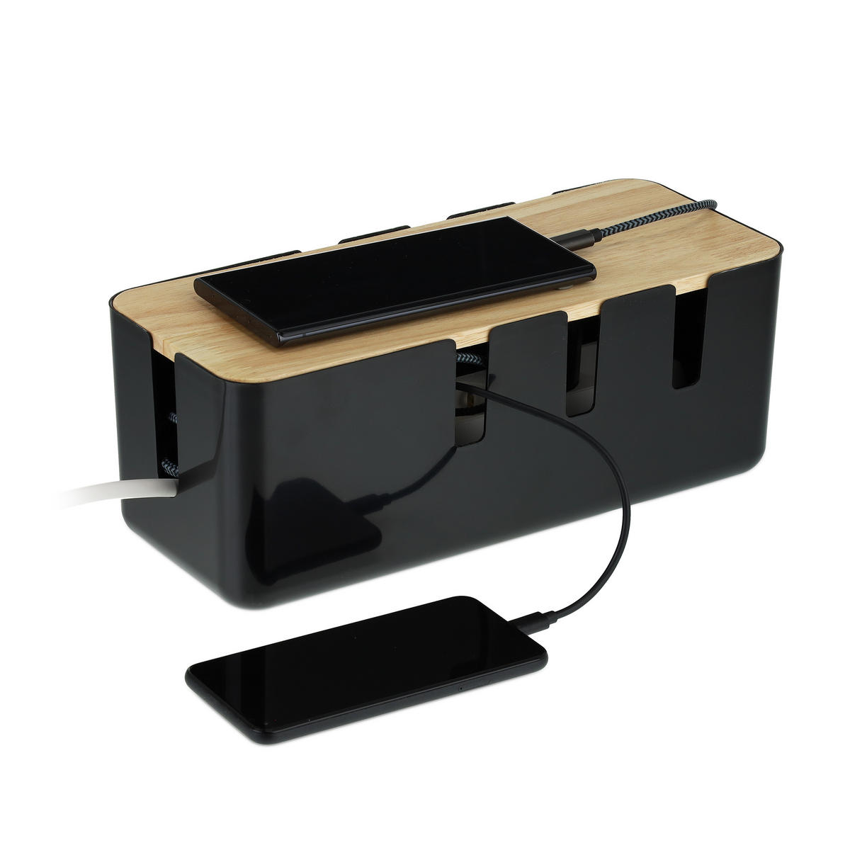 KABELBOX - Schwarz, Holz/Kunststoff (12.5/30.5/11.5cm) - Relaxdays