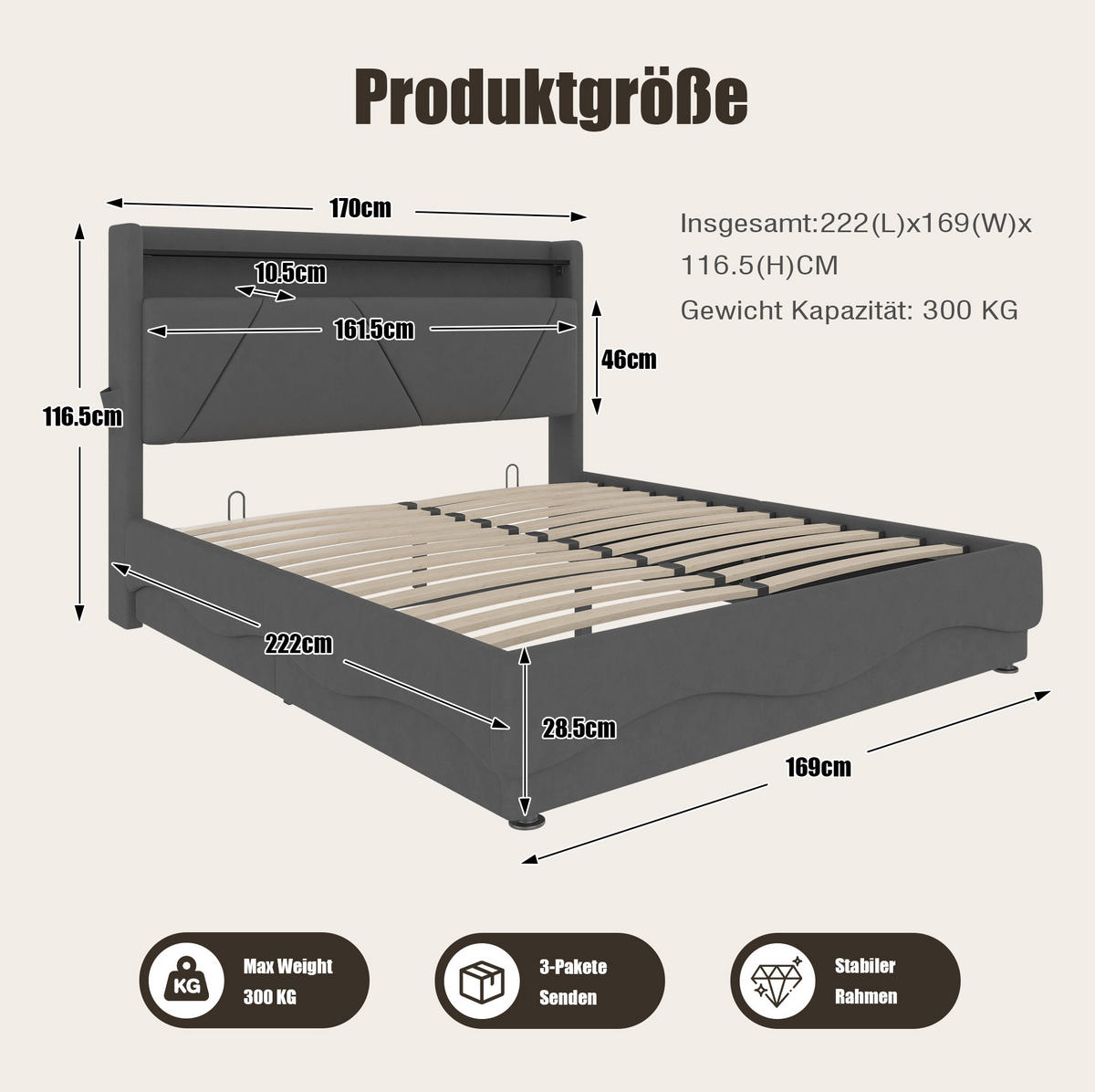 POLSTERBETT 160/200 cm mit LED-Beleuchtung, USB- und Type-C-Anschluss, Bettkasten und Regal, Dunkelgrau - Dunkelgrau, Textil (160/200cm) - Redom