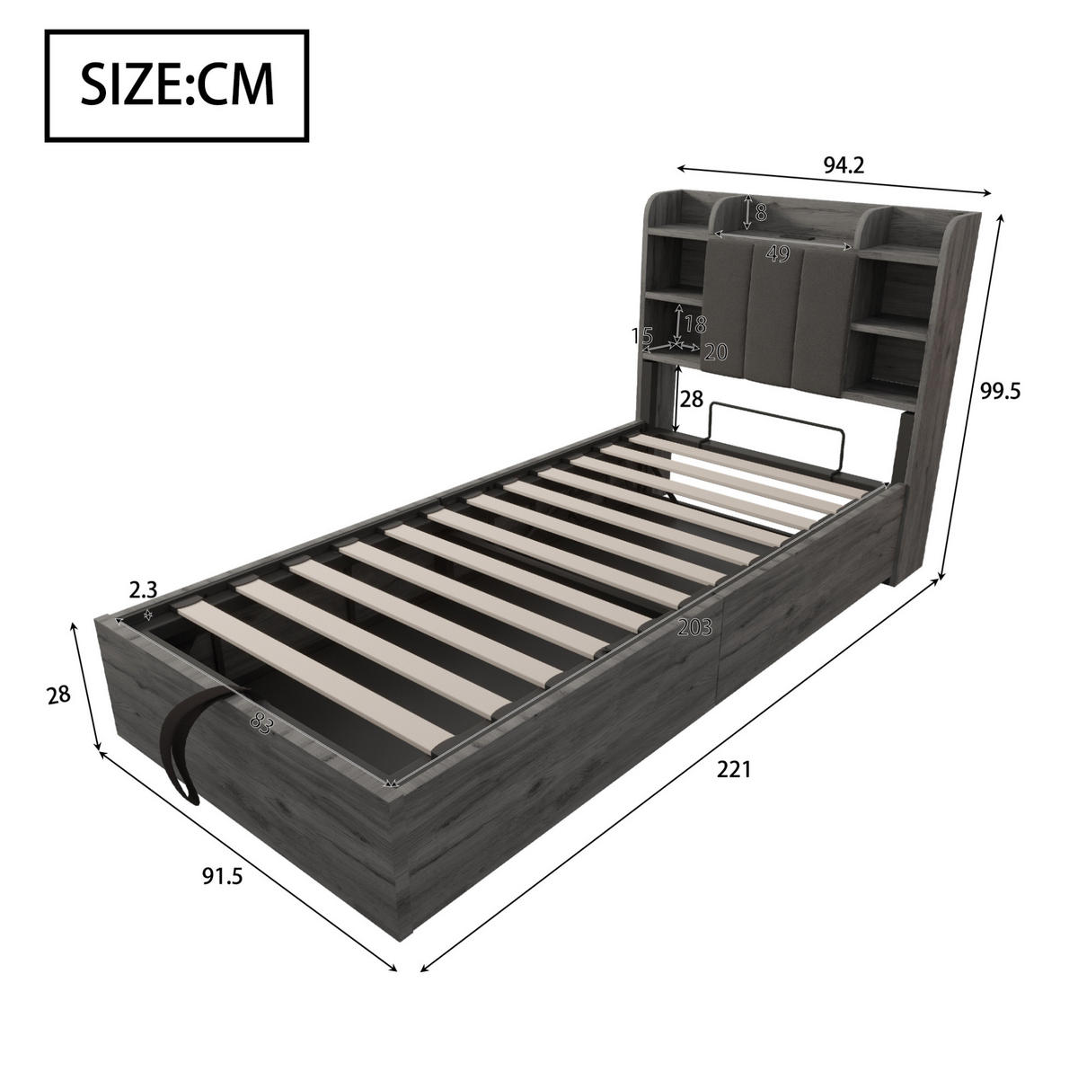BETT 90/200 cm aus MDF mit USB-/Tape-C-Steckdose und Stauraum, Grau - Grau, Holzwerkstoff (90/200cm) - OKMYHOME