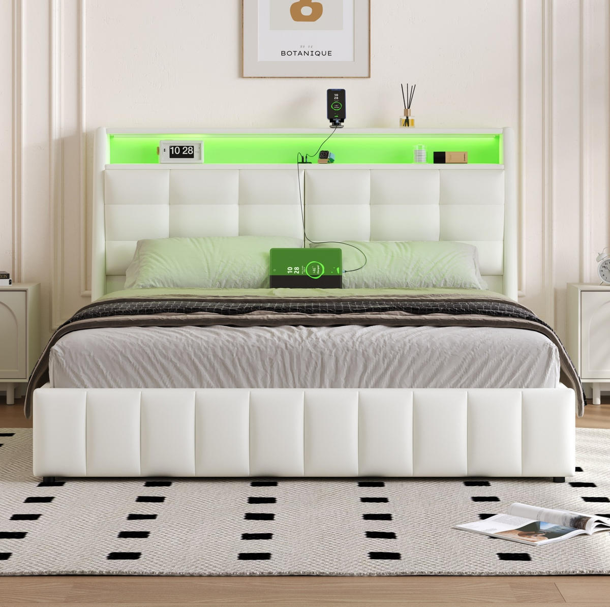 POLSTERBETT 160/200 cm mit LED-Beleuchtung, USB und gepolstertem Kopfteil - Weiß, Textil (160/200cm) - BEAOK