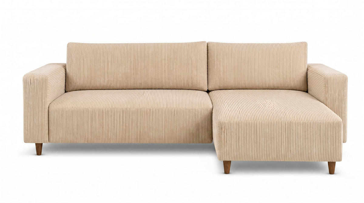 ECKSOFA mit Schlaffunktion und Bettkasten Rio, Ecksofa Cordstoff Creme, Ottomane Universal, 249x142 cm - Creme, Textil (249/142cm) - Marpur