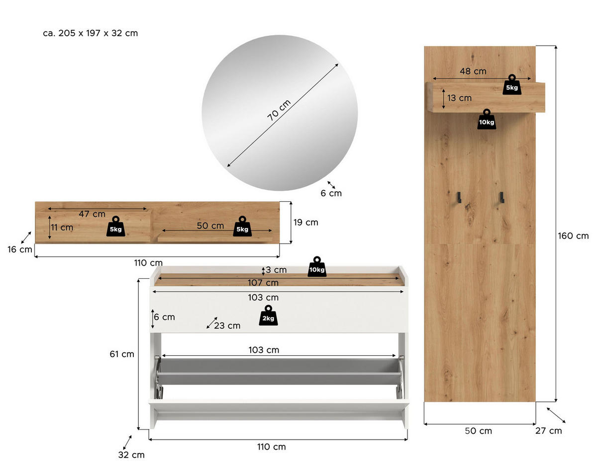 GARDEROBE Flow 4-tlg. (B/H/T: ca. 205/197/32 cm) in Weiß/weiß - Weiß, Holzwerkstoff (205/197/32cm) - Homes & Jones