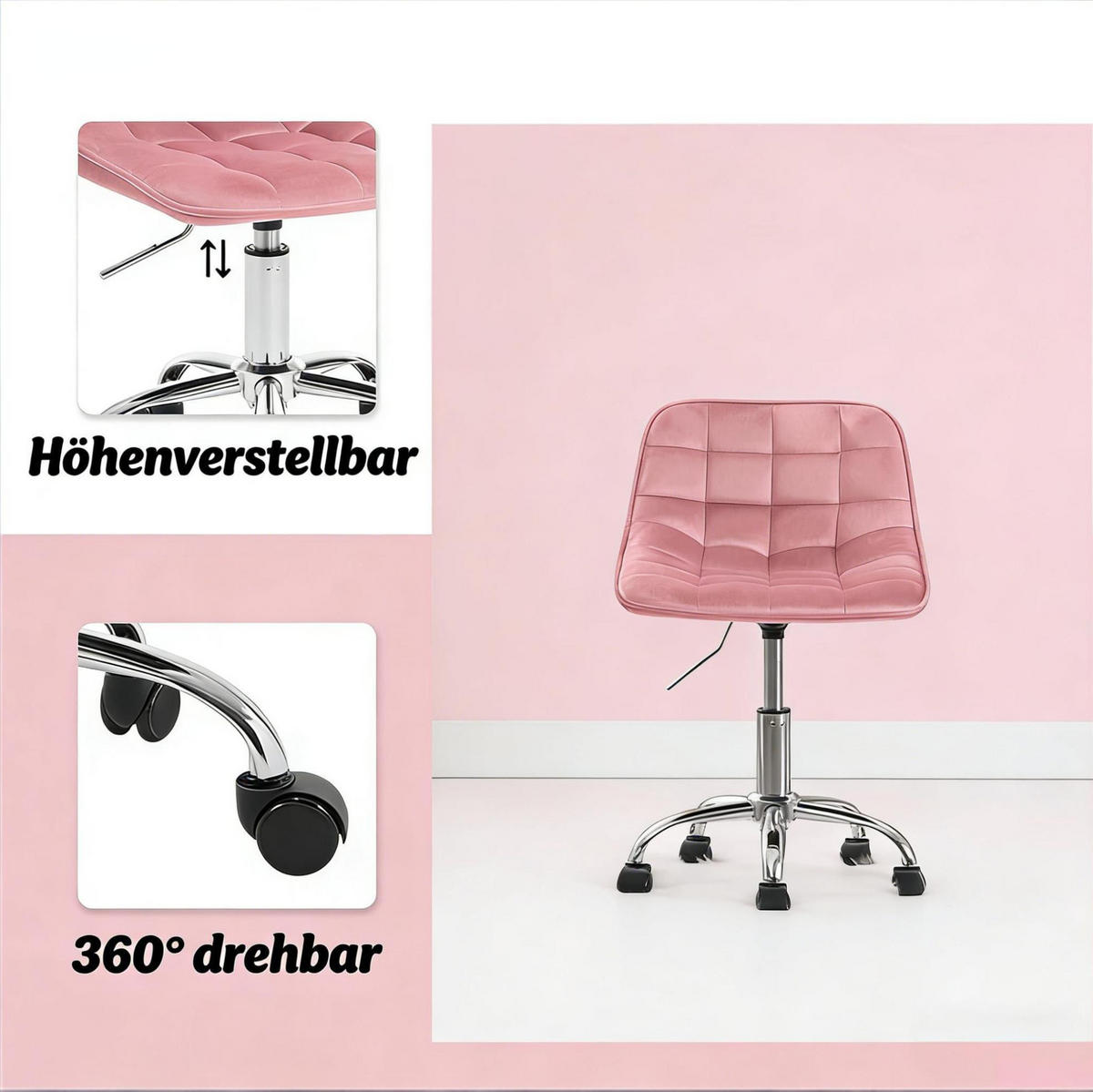 BÜROSTUHL drehbar höhenverstellbar Samt Pink - Pink, Metall (43/67.5/43cm) - Meubliv